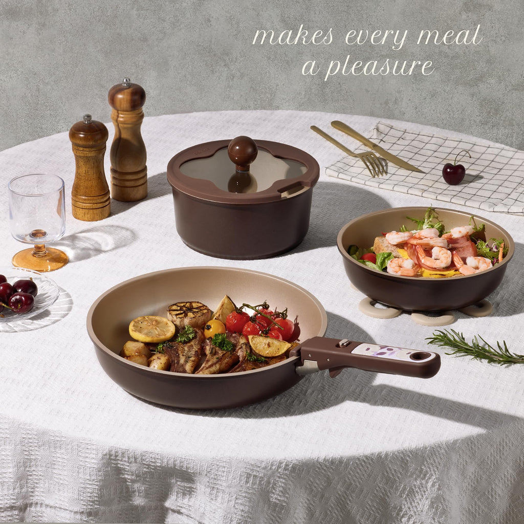 CAROTE Ceramic Pots and Pans Set Non Stick, Nonstick Kitchen Cookware Sets with Lid, Detachable Handle Sauté Pan Set, Non Toxic Frying Pan, Oven Safe, Induction Ready, Cream White
