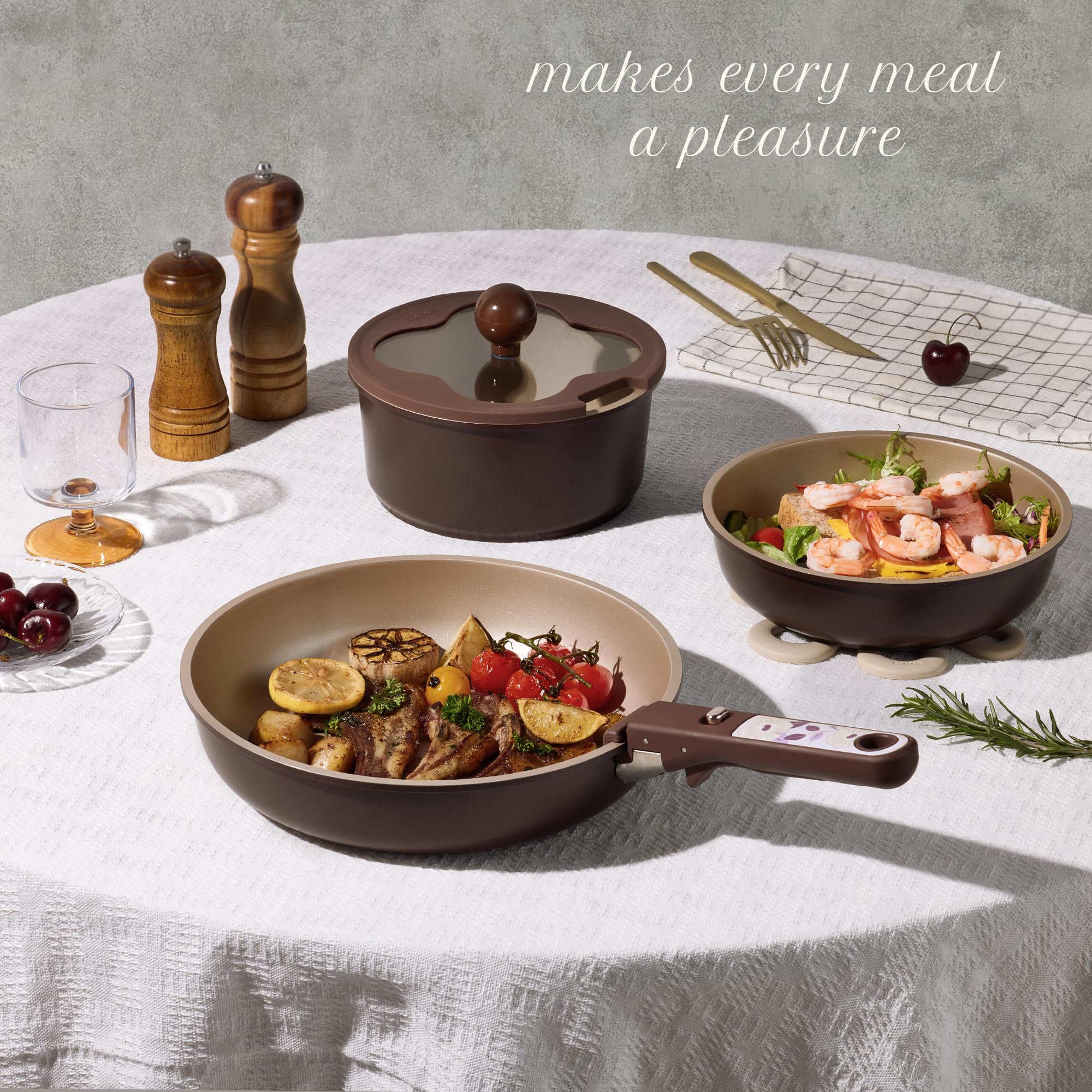 CAROTE Ceramic Pots and Pans Set Non Stick, Nonstick Kitchen Cookware Sets with Lid, Detachable Handle Sauté Pan Set, Non Toxic Frying Pan, Oven Safe, Induction Ready, Cream White