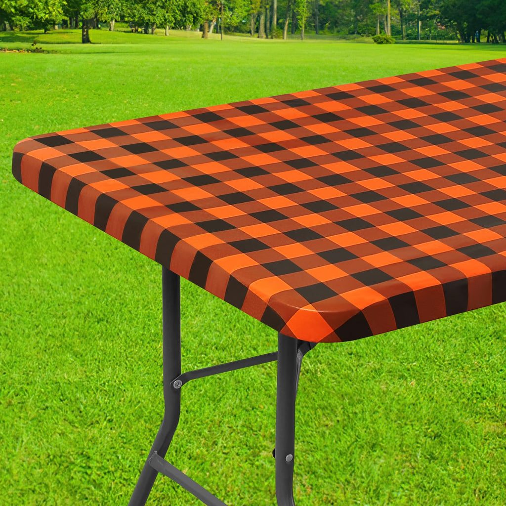Smiry Rectangle Picnic Table Cloth, Elastic Waterproof Fitted Vinyl Tablecloths, Flannel Backed Buffalo Plaid Table Covers for Dining, Camping, Outdoor (Black and White, 30" x 72")