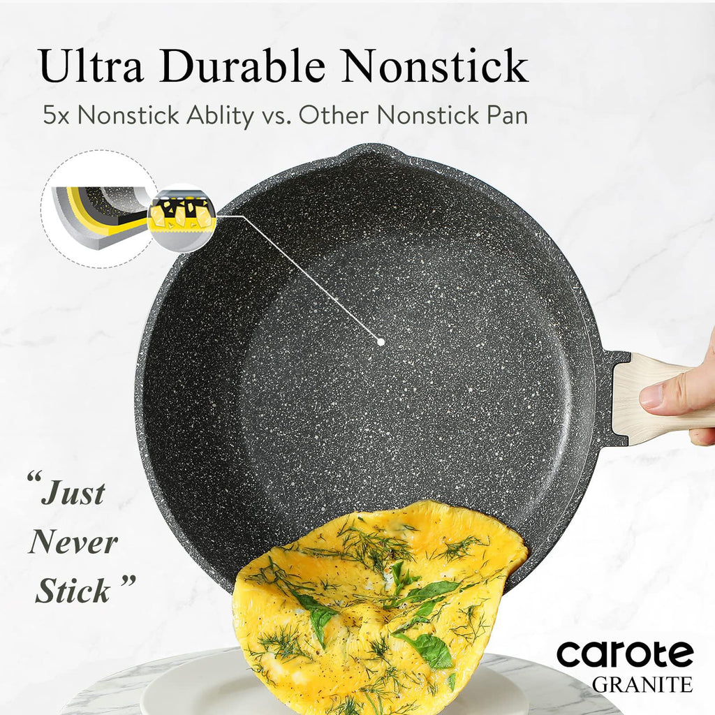 CAROTE 12Inch Nonstick Deep Frying Pan with Lid, 5.5 Qt Jumbo Cooker Saute Pan with Pour Spout, Skillet Induction Cookware, Non Stick Cooking Pan Kitchen Pan PFOA Free, White Granite