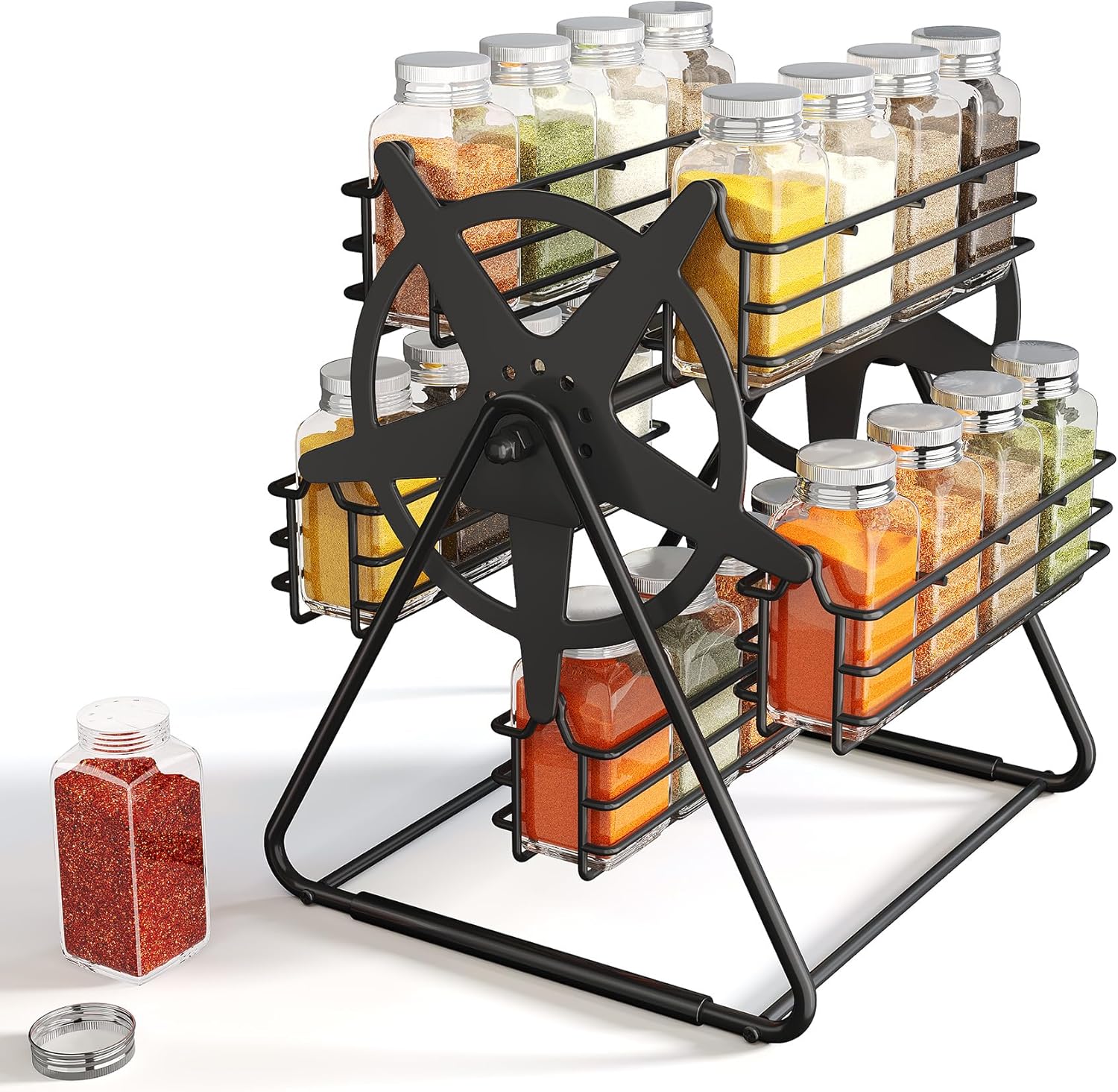 Rotating Spice Rack Organizer for Large Cabinets Kitchen Countertop with Thicken Spice Jars and Labels, Spinning Like Ferris-Wheel, Metal (M)