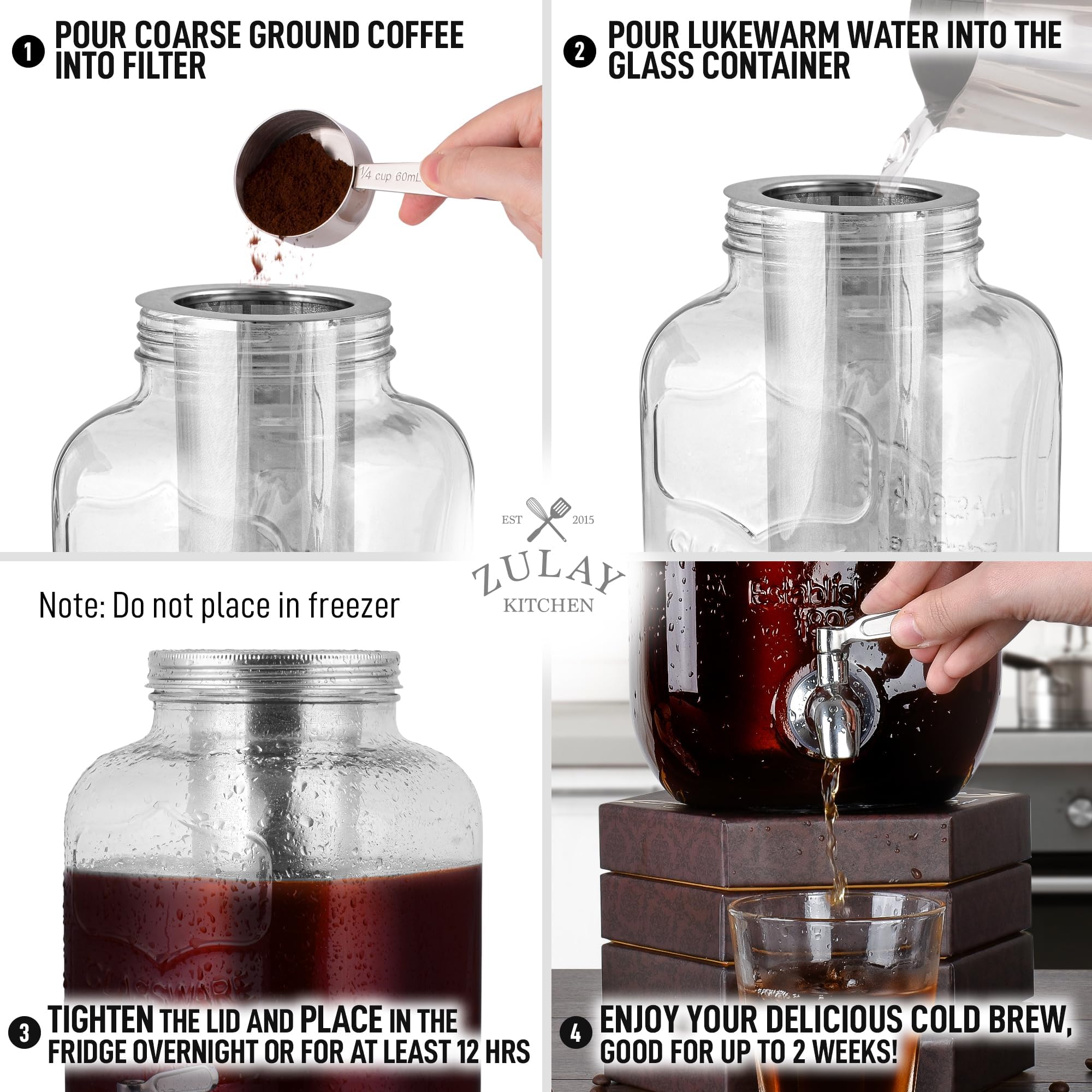 Zulay 1 Gallon/128oz Cold Brew Coffee Maker – Thick Glass Pitcher with Stainless Steel Filter, Lid & Spout – Large Mason Jar Container Dispenser - Iced Coffee & Sun Tea Brewer for Fridge – Silver