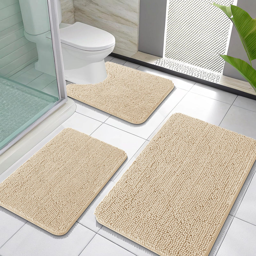 OLANLY Bathroom Rugs Sets 3 Piece, Soft Absorbent Chenille Bath Mats and U-Shaped Contour Toilet Rug, Quick Dry, Home Decor Accessories, Bath Mat Set for Bathroom (30"x20"+24"x16"+24"x20", Grey)