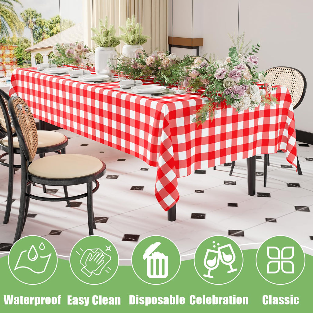 Smiry 3 Pack Red Gingham Disposable Tablecloths - 54" x 108" Heavy Duty Plastic Table Cloth, Waterproof Buffalo Plaid Table Covers for Picnic, Banquets, Outdoor Parties