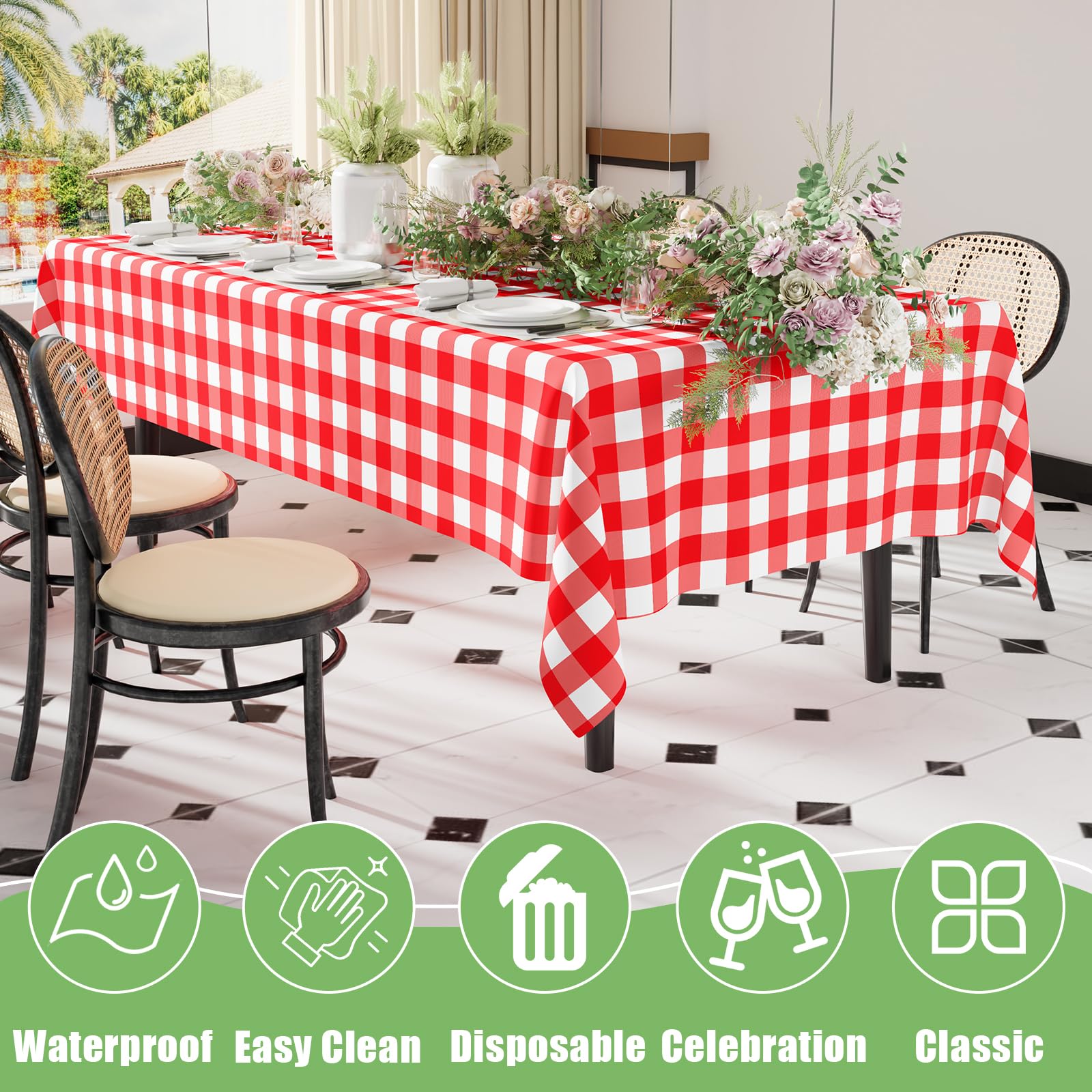 Smiry 3 Pack Red Gingham Disposable Tablecloths - 54" x 108" Heavy Duty Plastic Table Cloth, Waterproof Buffalo Plaid Table Covers for Picnic, Banquets, Outdoor Parties