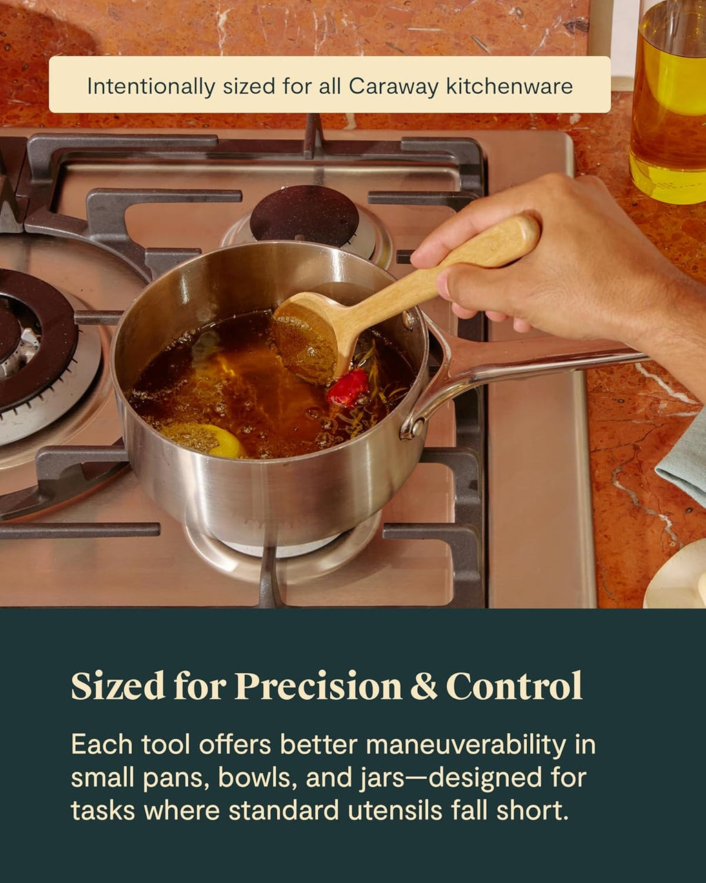 Caraway 4-Piece Mini Wooden Kitchen Utensils Set for Cooking, Serving, and Plating - Includes Mini Spoon, Scraper, Spatula, and Tongs