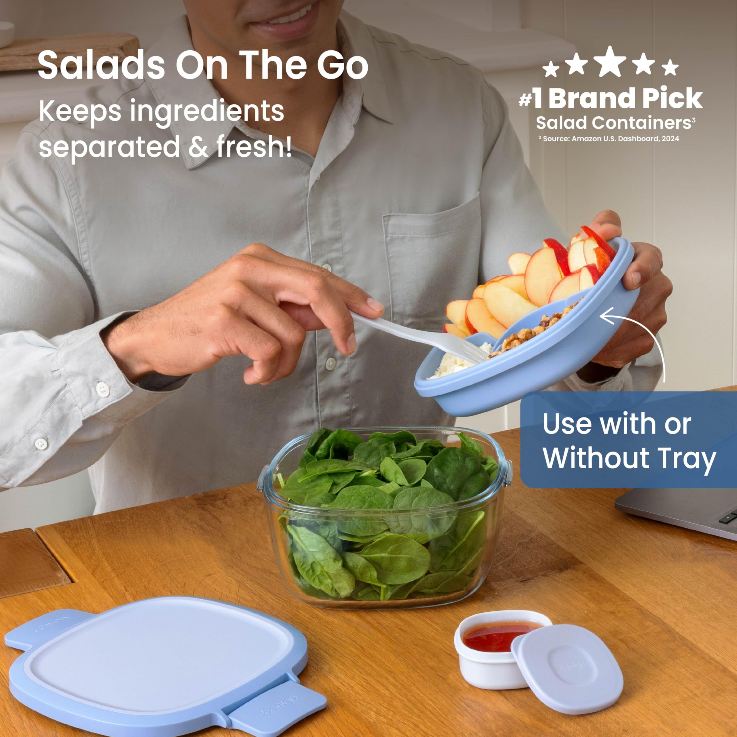 Bentgo Glass Salad Container - 7.6-Cup Salad Bowl with Airtight Lid, Leak-Proof Sauce Container, 4-Compartment Bento Tray & Reusable Fork - BPA-Free for Meal Prep, Office & More (Lavender)