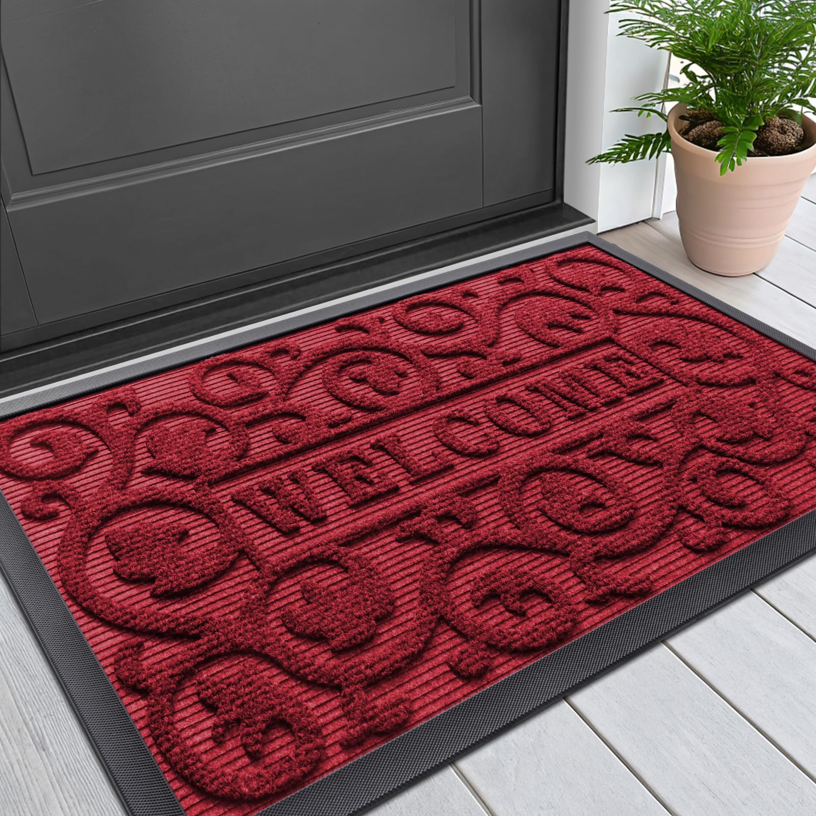 Smiry Front Door Mat Outside Entrance, Heavy Duty Sturdy Natural Rubber Doormat, Trap Dirt and Moisture, Easy Clean Low Profile Mats for Indoor Outdoor Entry, Irregular Triangle (29.5x17, Black)