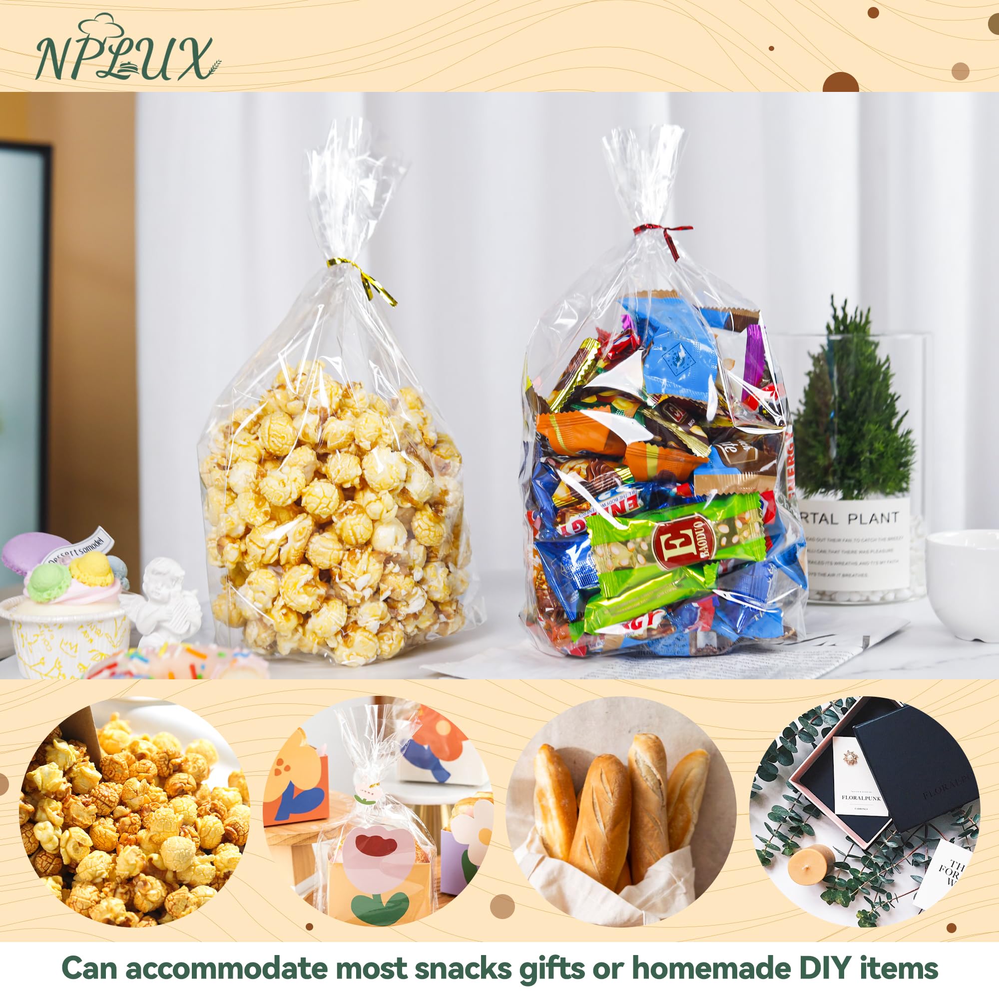 NPLUX 100 Pack Cellophane Bags Clear Flat Bottom Cellophane Treat Bags Gusseted with 100 Pack Twist Ties for Candy Popcorn Cookie Small Gift Wrapping(6×9×2.4 Inches)