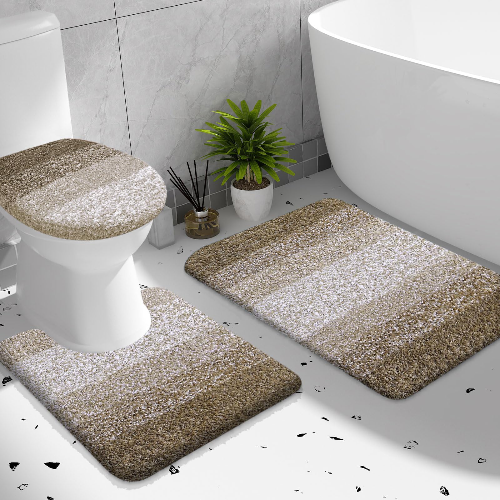 OLANLY Bathroom Rugs Sets 3 Piece, Soft Microfiber Absorbent Bath Mat, U-Shaped Contour Toilet Mat and Toilet Lid Cover, Quick Dry, Machine Washable, Toilet Cover and Rug Set for Bathroom, Grey