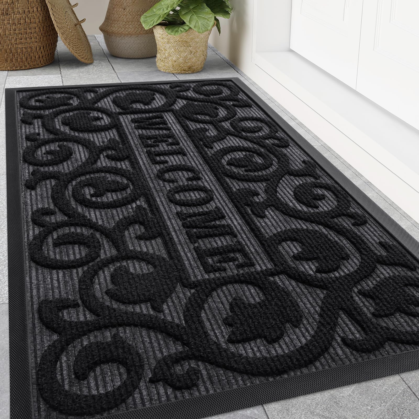 Smiry Front Door Mat Outside Entrance, Heavy Duty Sturdy Natural Rubber Doormat, Trap Dirt and Moisture, Easy Clean Low Profile Mats for Indoor Outdoor Entry, Irregular Triangle (29.5x17, Black)