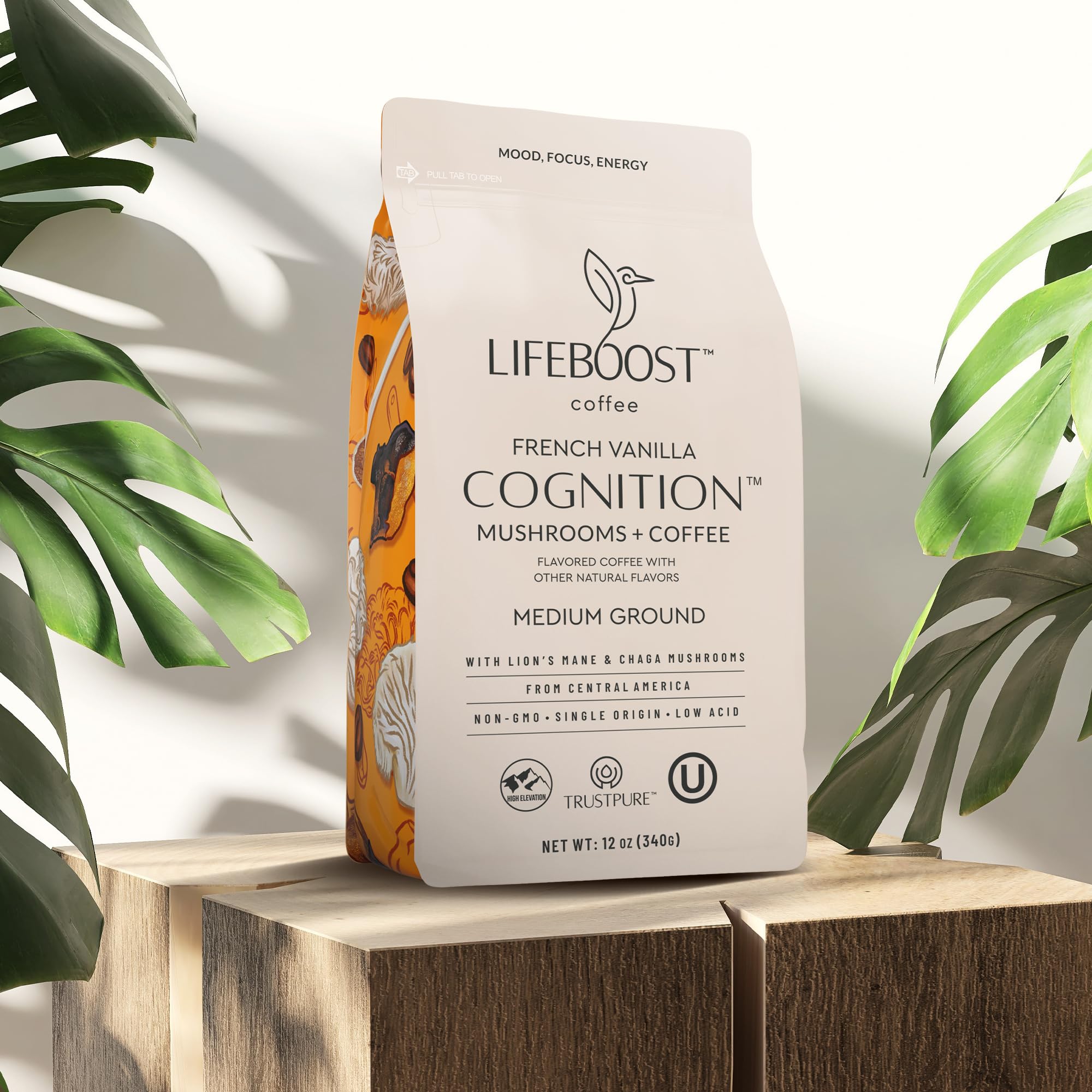 Lifeboost Cognition Adaptogenic Mushroom Coffee - Great Tasting Organic Lions Mane & Chaga Medium Roast Nootropic Coffee - Increase Energy, Boost Focus & Immune Support - 12 oz Bag - Ground