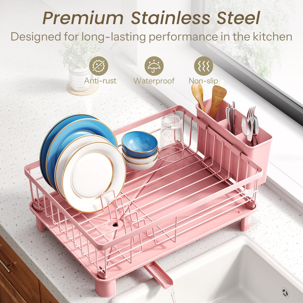 SNTD Dish Drying Rack - Small Dish Rack for Kitchen Counter, Stainless Steel Dish Drainer with Utensil Holder and Drainboard, 11" W x 15" L (Black)