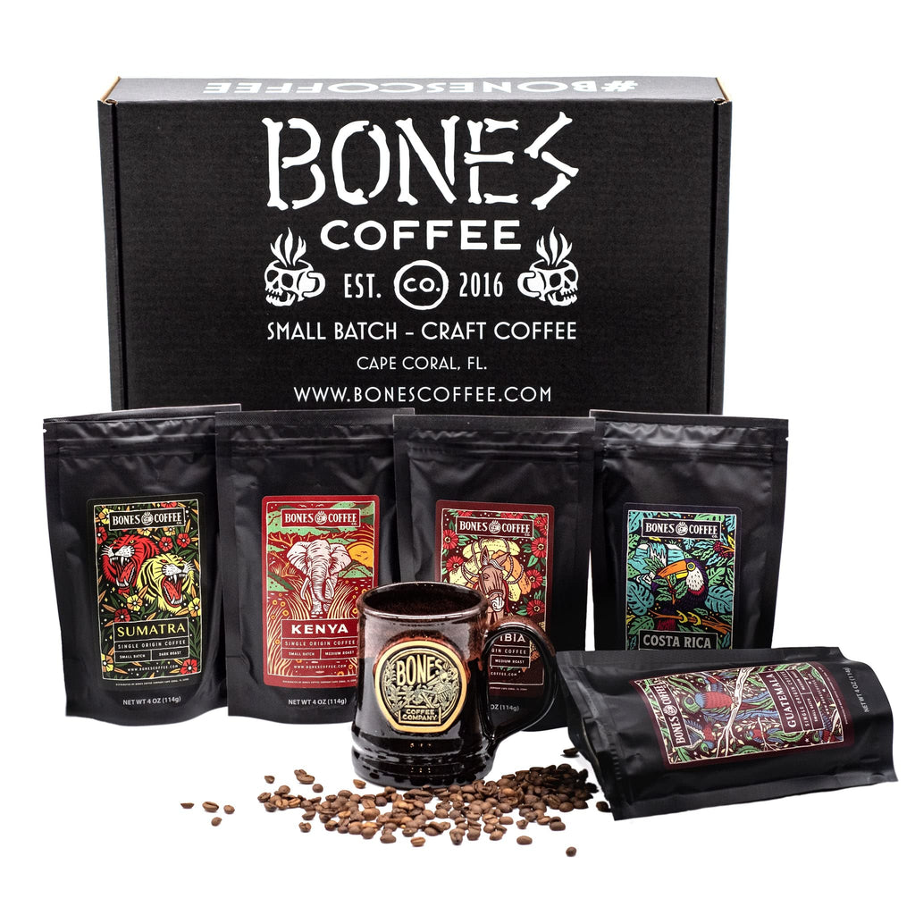 Bones Coffee Company NEW Favorite Flavors Sample Pack, Assorted Flavored Coffee Low Acid Medium Roast Arabica Beans Specialty Coffee Gifts, Auto Drip and French Press Compatible, 4 oz Pack of 5 Ground