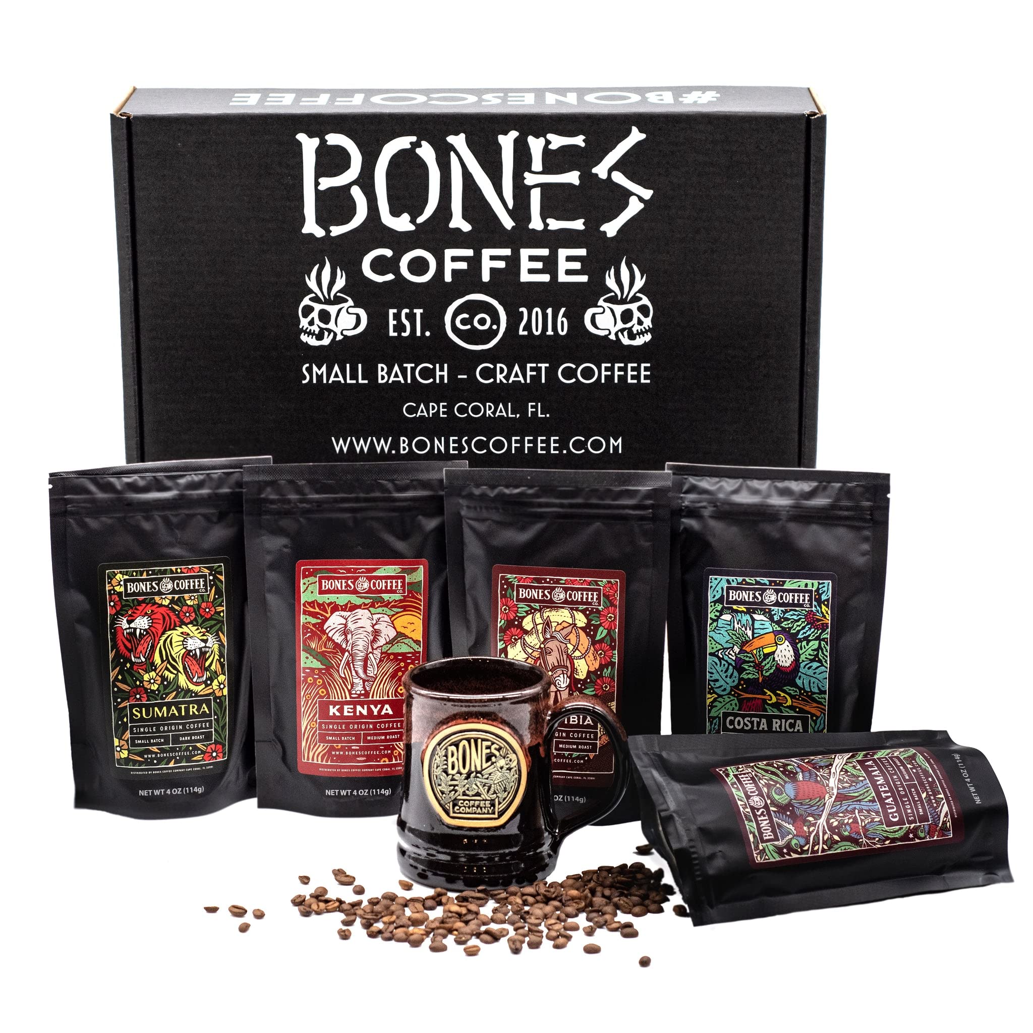 Bones Coffee Company NEW Favorite Flavors Sample Pack, Assorted Flavored Coffee Low Acid Medium Roast Arabica Beans Specialty Coffee Gifts, Auto Drip and French Press Compatible, 4 oz Pack of 5 Ground
