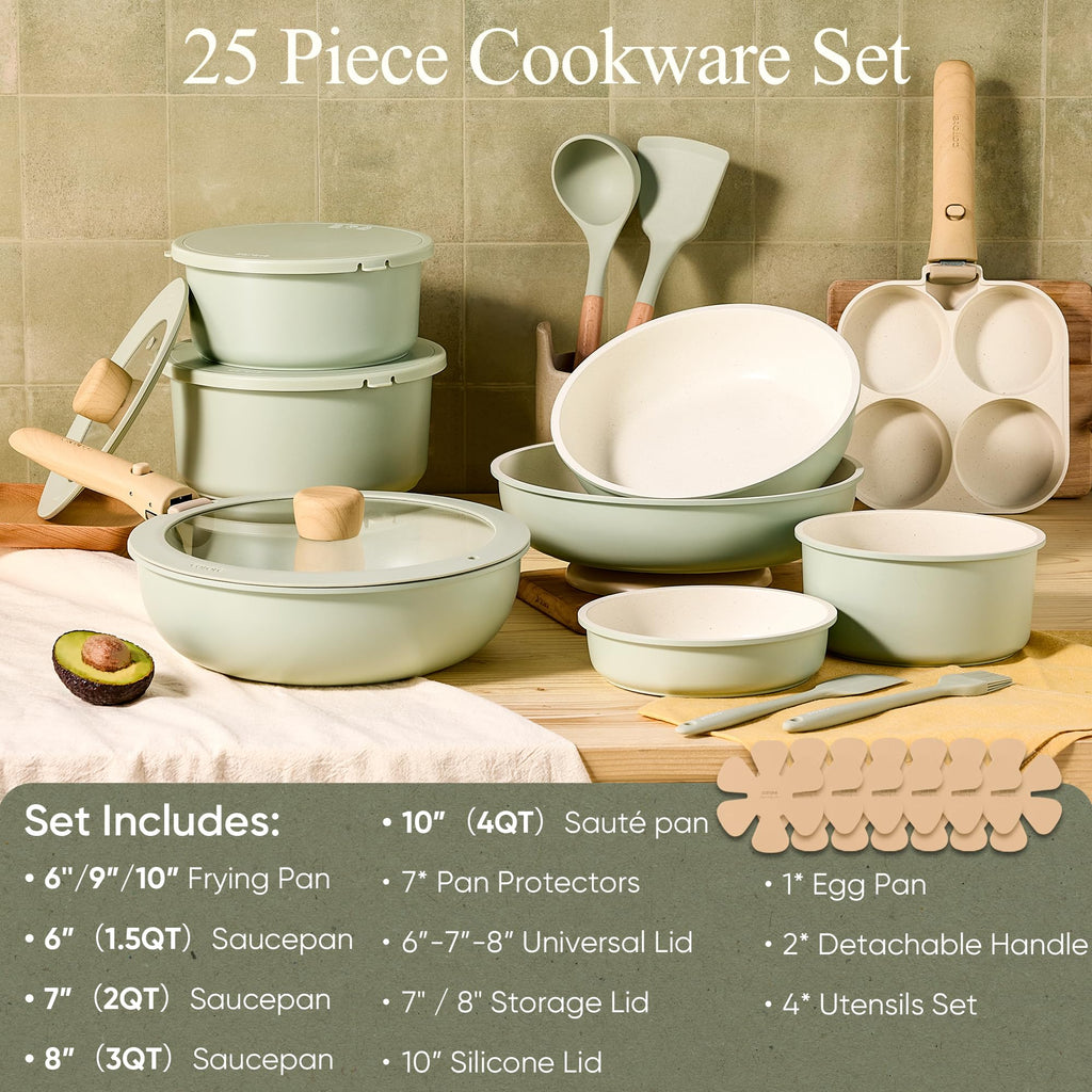 CAROTE Pots and Pans Set, Nonstick Cookware Set Detachable Handle, 19pcs Induction Kitchen Cookware Sets Non Stick with Removable Handle, RV Cookware Set, Oven Safe, Sage Green