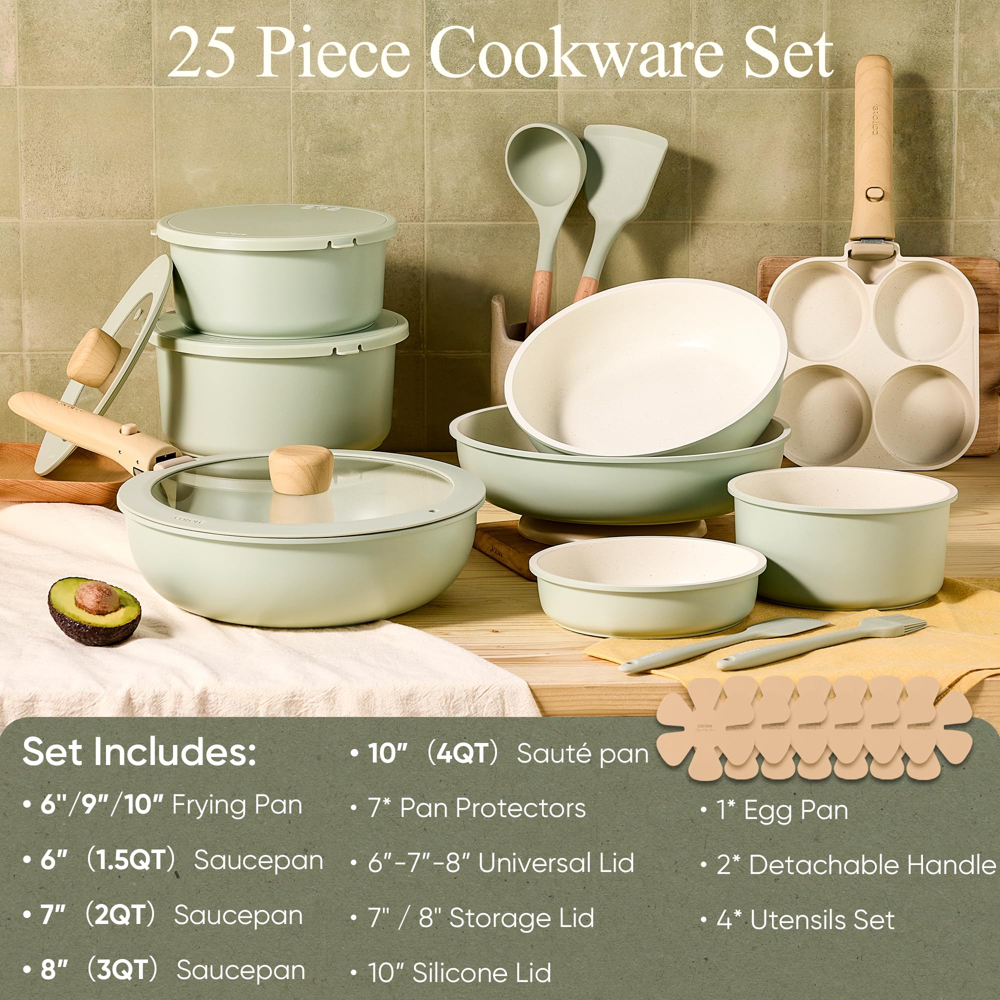 CAROTE Pots and Pans Set, Nonstick Cookware Set Detachable Handle, 19pcs Induction Kitchen Cookware Sets Non Stick with Removable Handle, RV Cookware Set, Oven Safe, Sage Green