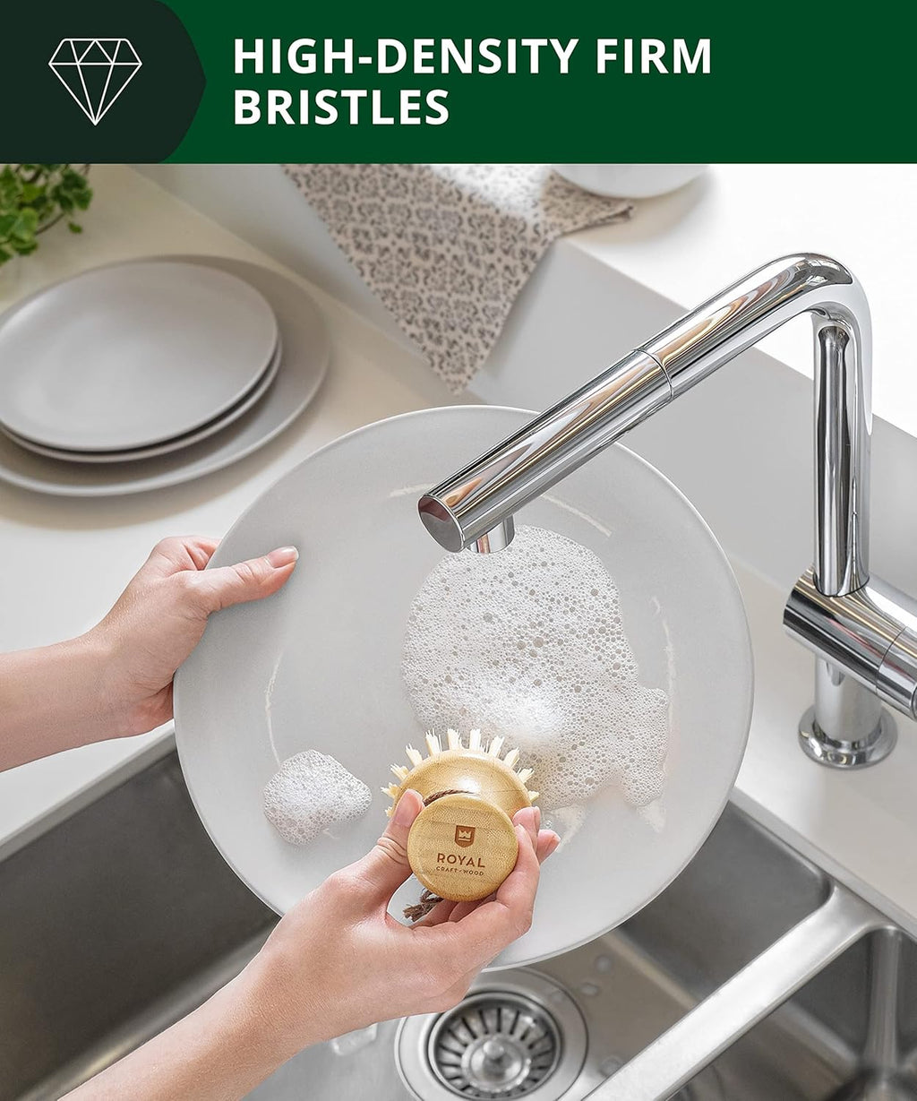 ROYAL CRAFT WOOD Bamboo Dish Scrub Brush w/Handle - Wooden Washing Dish Brush Scrubber for Kitchen - Filrm Bristles Brush with Handle for Sink, Dishes & Vegetables