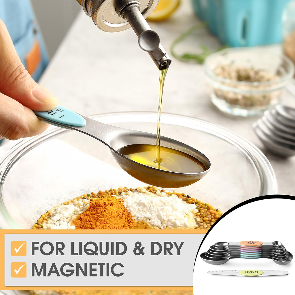 Spring Chef Stainless Steel Magnetic Measuring Spoons Set with Strong N45 Magnets, Heavy Duty Metal Kitchen Gadgets for Baking & Cooking, Fits in Most Kitchen Spice Jars, Set of 8 with Leveler, Black