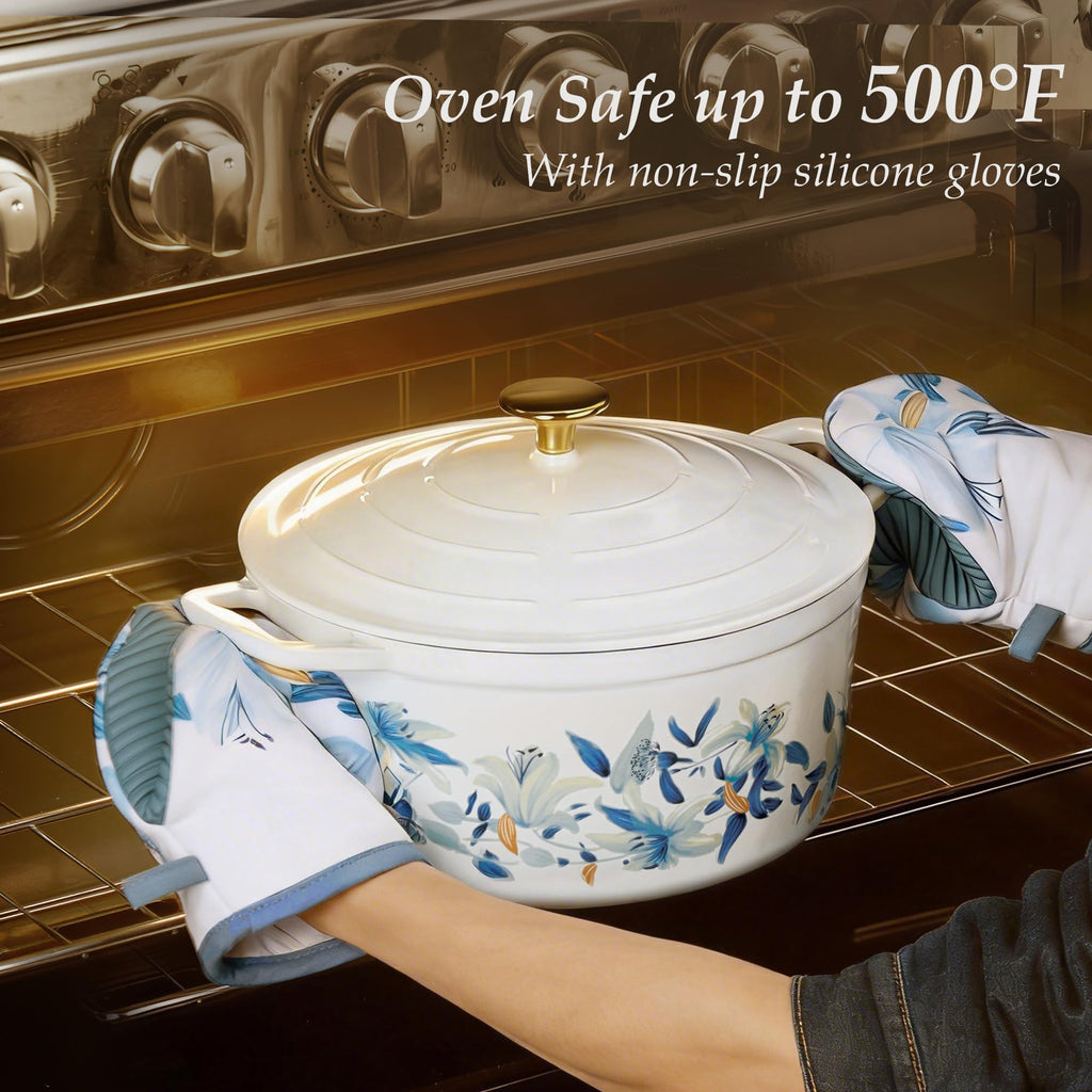 CAROTE 5 QT Cast Iron Dutch Oven Pot with Lid, Enameled Floral Dutch Ovens with Cotton Potholders & Oven Gloves, Gift Box, Cast Iron Pot for Sourdough Bread Baking, Braising, Stews, Roasting, Dual Handles, All Stovetop Compatible, Oven Safe up to 500° F,