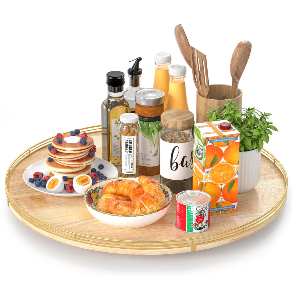 Farmhouse Oak 9" Lazy Susan Turntable Organizer for Cabinet, Round Wooden Lazy Susan Organization and Storage for Dining Table, Pantry, Kitchen, Countertop, Cupboard,Home Decor, Walnut Wood