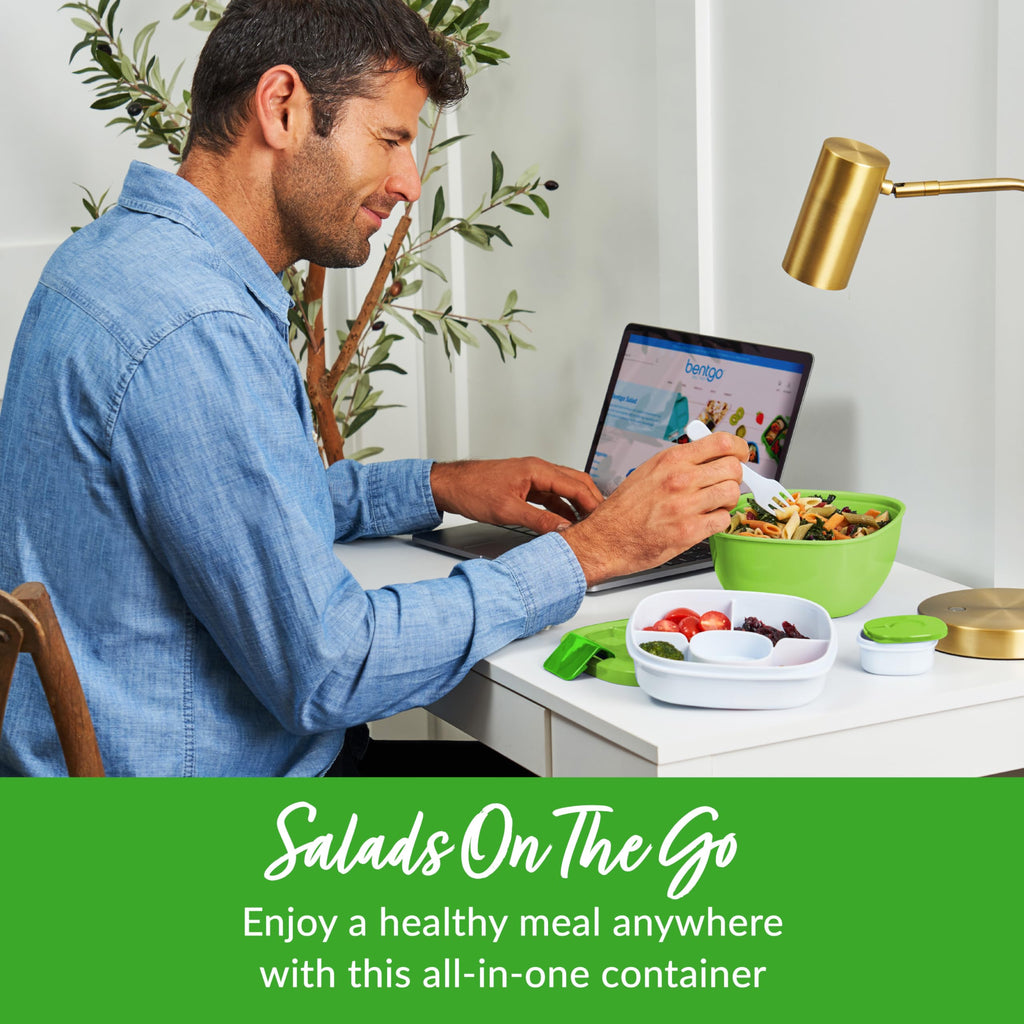 Bentgo Salad Container - 54 oz Bowl with 4-Compartment Toppings Tray, Leak-Proof Dressing Container, Reusable Fork, BPA-Free Lunch Box for Meal Prep & Food Storage; Removable Bento Tray (Khaki Green)