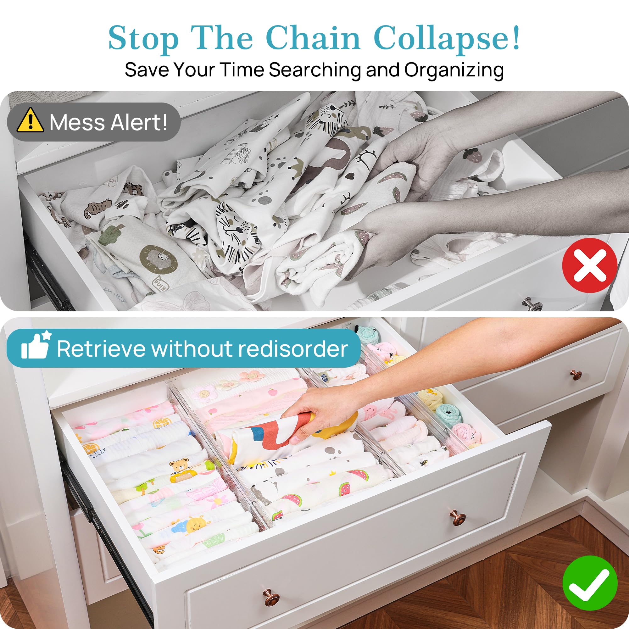 Vtopmart 8 Pack 6" Tall Upgrade Drawer Dividers for Big and Deep Drawer, 12.8"-22.3" Adjustable Expandable Dresser Drawer Organizer, Clear Plastic Separators for Dresser, Baby Supplies, Kitchenware