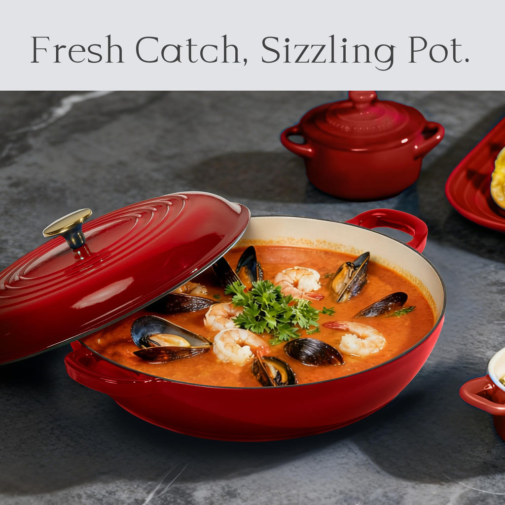 CAROTE 3.4QT Enameled Cast Iron Braiser Pan, Shallow Dutch Oven Casserole Skillets, Non-Toxic Cast Iron Pot with Lid for Grilling, Searing, Baking, Dual Handles, All Stovetop Compatible, White