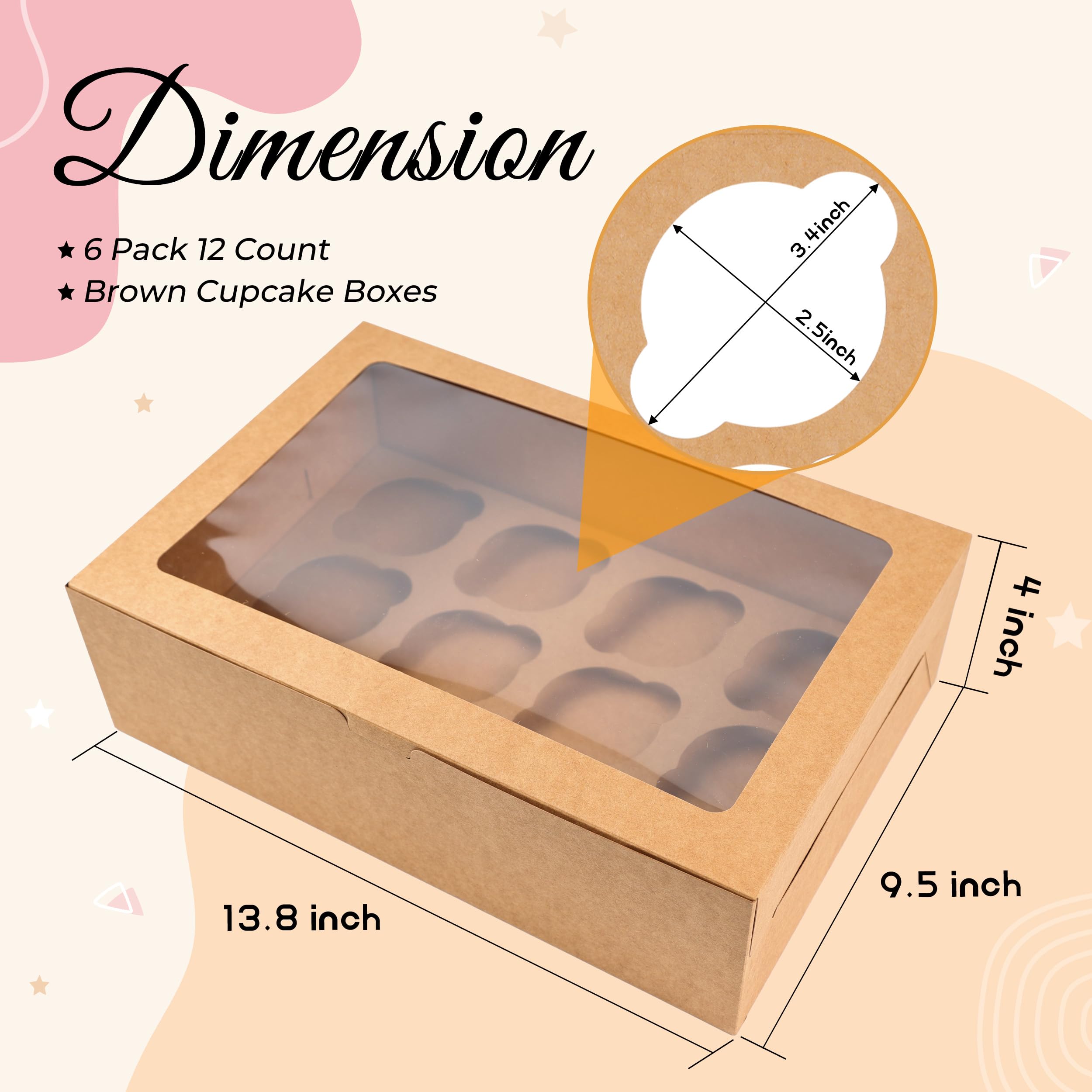 6 Pack Cupcake Boxes, 12 Count Cupcake Containers with Window and Cardborad, Food Grade Cupcake Carrier For Muffins Cupcakes Desserts (White 13.8×9.5×4 In)