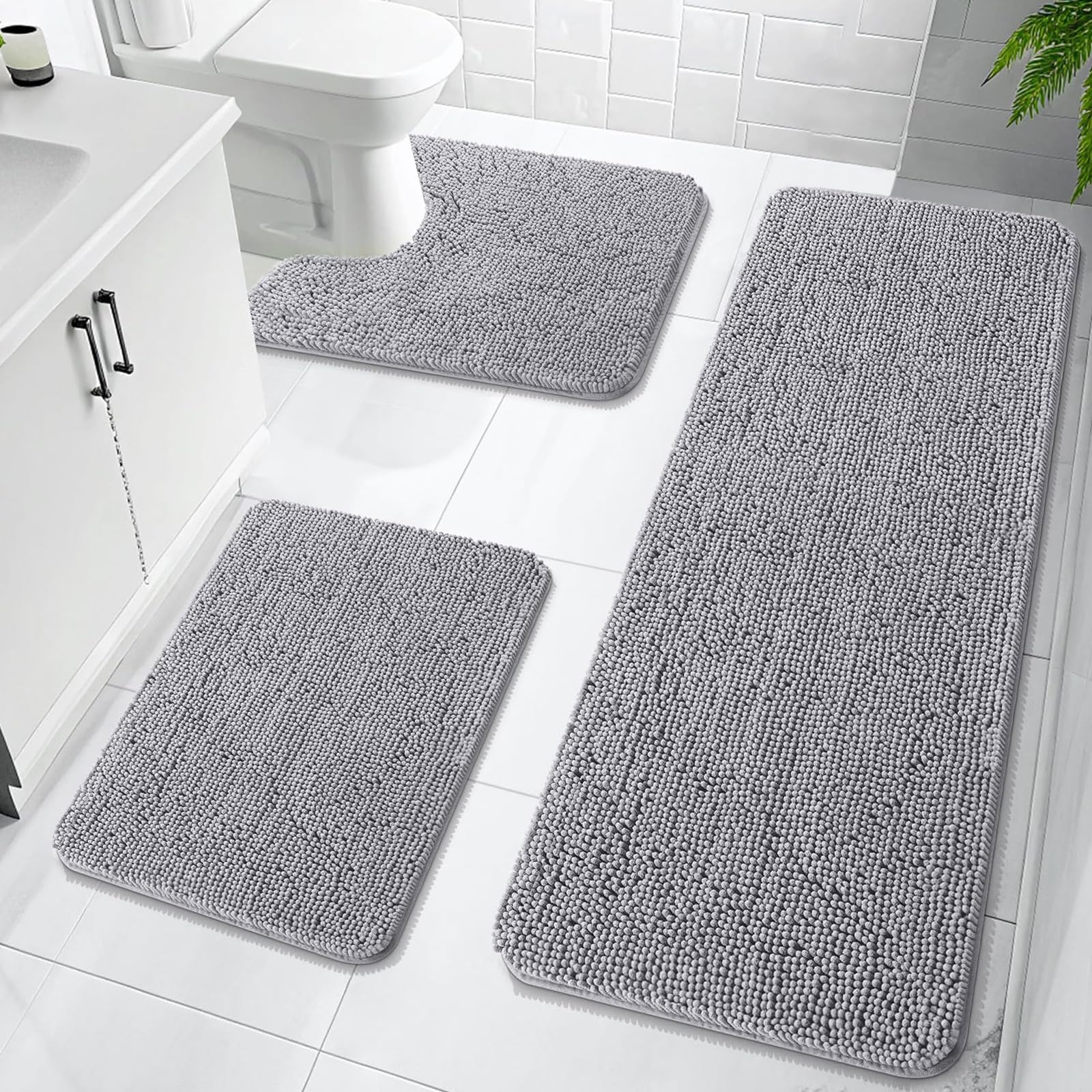 OLANLY Bathroom Rugs Sets 3 Piece, Soft Absorbent Chenille Bath Mats and U-Shaped Contour Toilet Rug, Quick Dry, Home Decor Accessories, Bath Mat Set for Bathroom (30"x20"+24"x16"+24"x20", Grey)