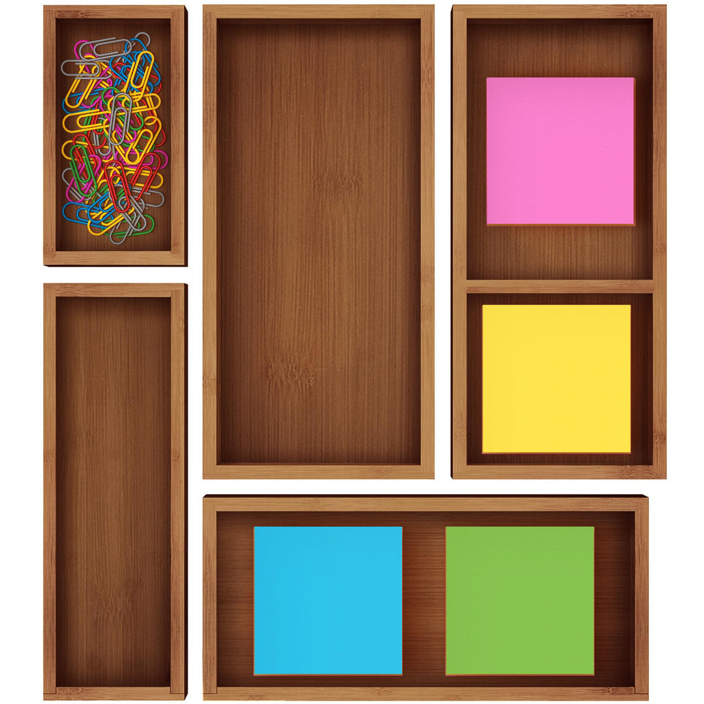 ROYAL CRAFT WOOD 5-Piece Bamboo Drawer Organizer Set – Multi-Use Storage Trays for Kitchen, Bathroom, Office, Makeup, Jewelry & More – Junk Drawer Tray, Utensil Holder, Storage Box & Bin Set (5 Boxes)