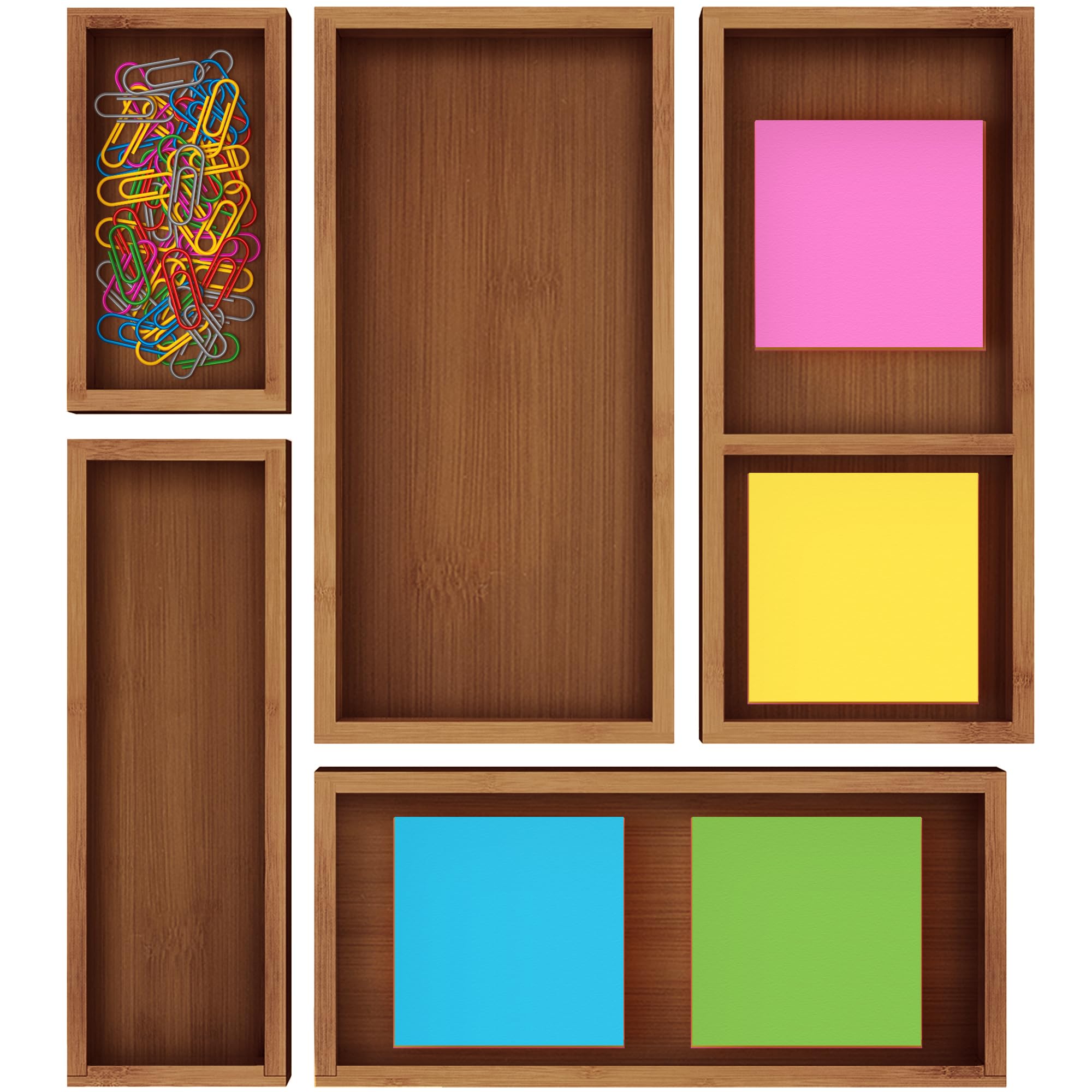 ROYAL CRAFT WOOD 5-Piece Bamboo Drawer Organizer Set – Multi-Use Storage Trays for Kitchen, Bathroom, Office, Makeup, Jewelry & More – Junk Drawer Tray, Utensil Holder, Storage Box & Bin Set (5 Boxes)