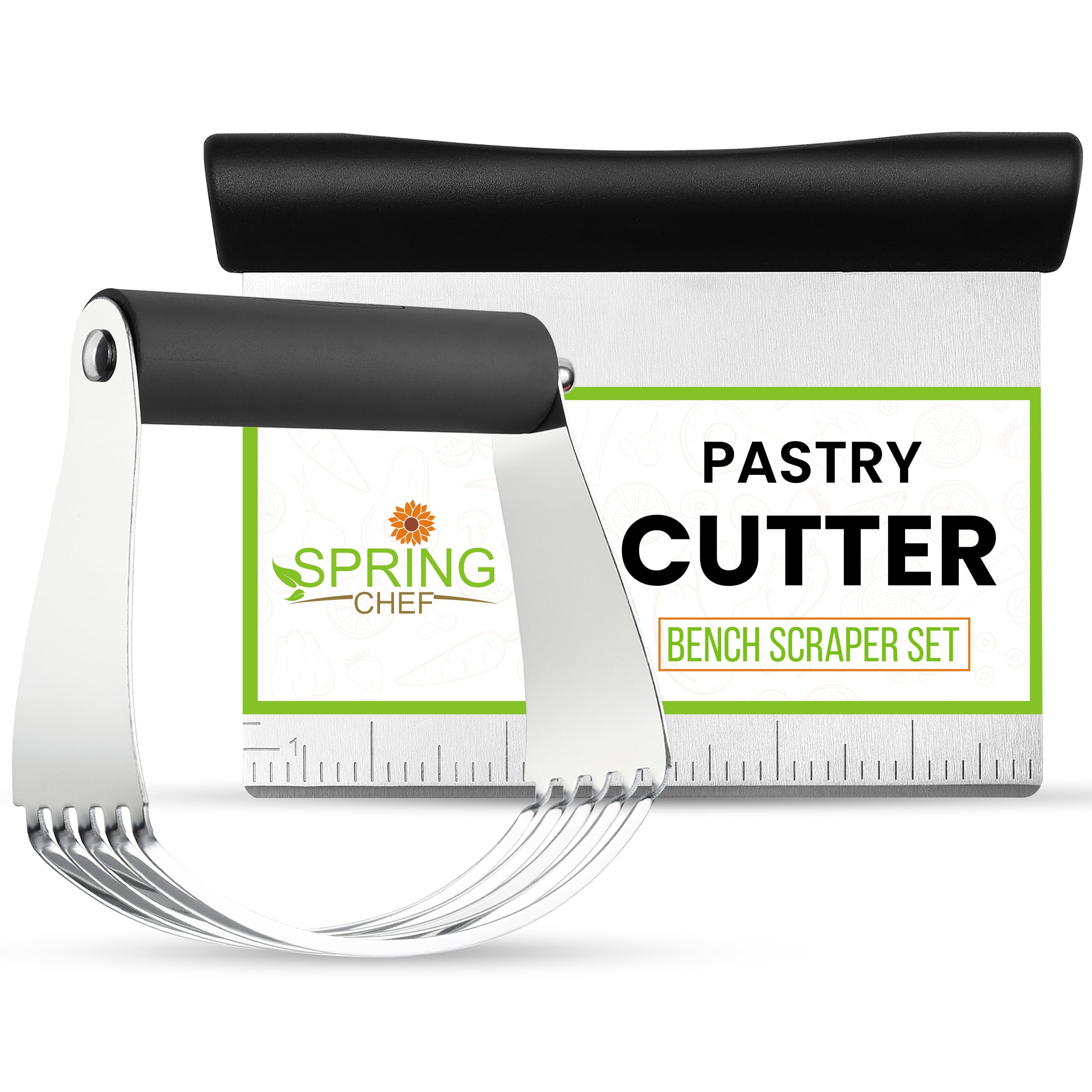 Spring Chef Dough Blender & Pastry Cutter Tool, Stainless Steel Pastry Blender & Bench Scraper for Pizza, Nut, Pie - Multipurpose Dough Cutter & Scraper Tool for Baking with Soft Grip Handles - Black