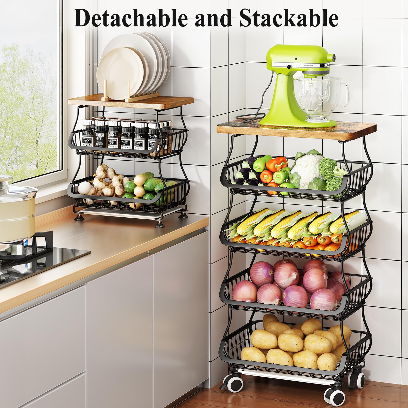 SAYZH Fruit Basket Kitchen Pantry Organizers and Storage - Wooden Top Table, Stackable Metal Wire Basket Stand Cart for Fruit Vegetable Snacks Onion Potato Organization, Black