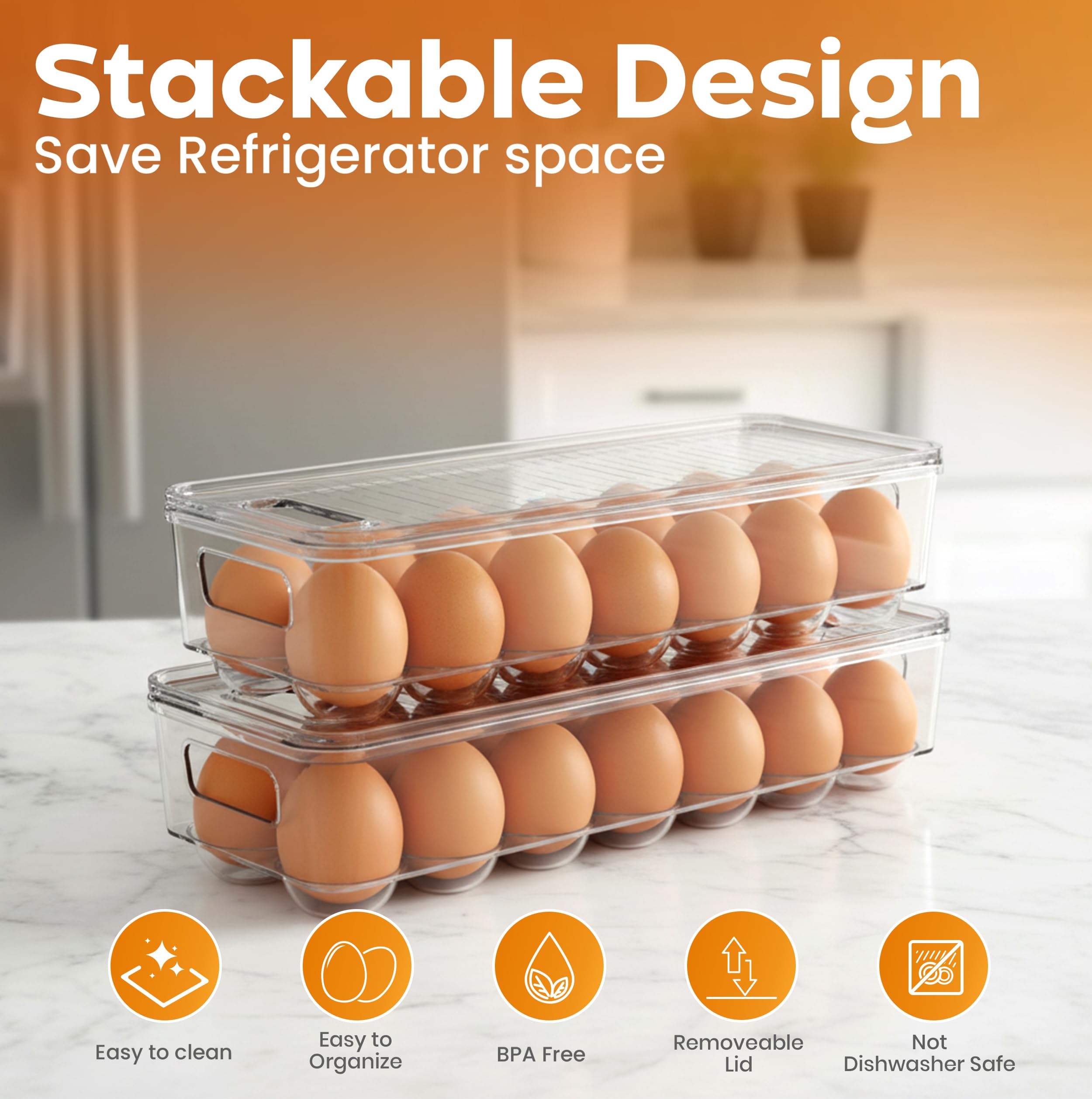 Utopia Home Egg Container With Lid and Handle for Refrigerator Organization- Pack of 2 - Clear Stackable Egg Holder for Kitchen or Pantry Organizers and Storage
