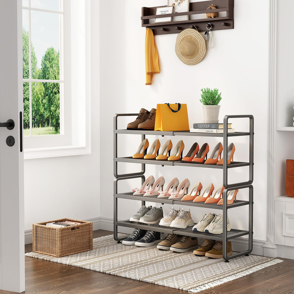 SNTD Shoe Rack - Expandable Shoe Organizer for Closet, Adjustable Metal Shoe Shelf Storage, Stackable Long Shoe Stand Holder for Garage, Entryway, Door Entrance (Black, 2-Tier)