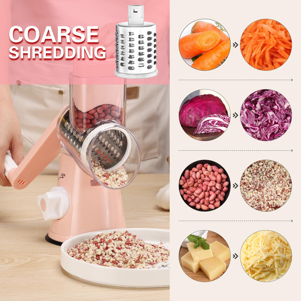 Cambom 5 in 1 Rotary Cheese Grater Hand Crank Cheese Shredder for Fresh Cheese, Vegetable, Nuts,Non-slip Suction Base, Black
