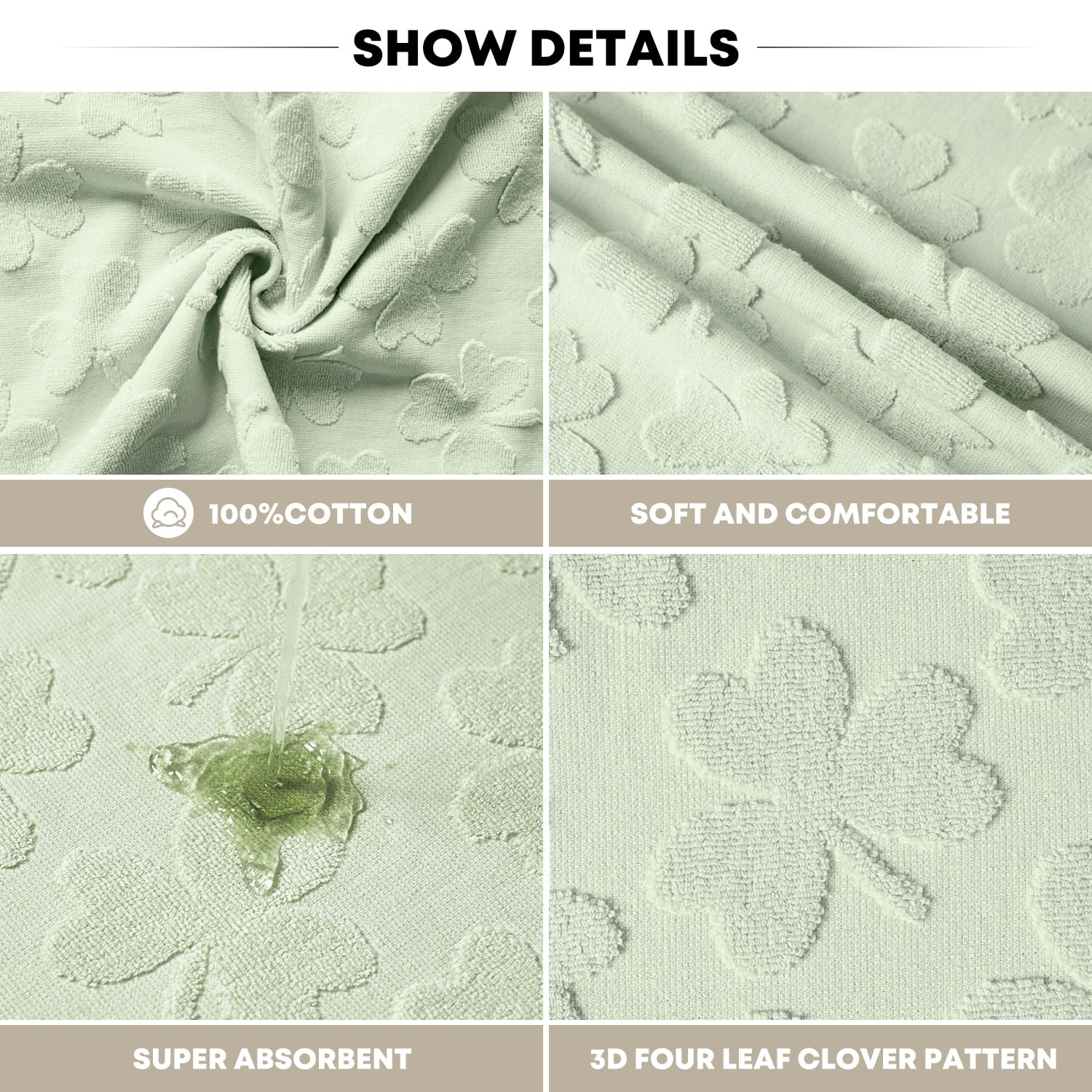 Artoid Mode 2 Pcs Dark Green 3D Shamrock Jacquard Patrick Hand Towels for Bathroom, 100% Cotton Soft Absorbent Bathroom Decor Towels, 13.7 x 29.5 Inch