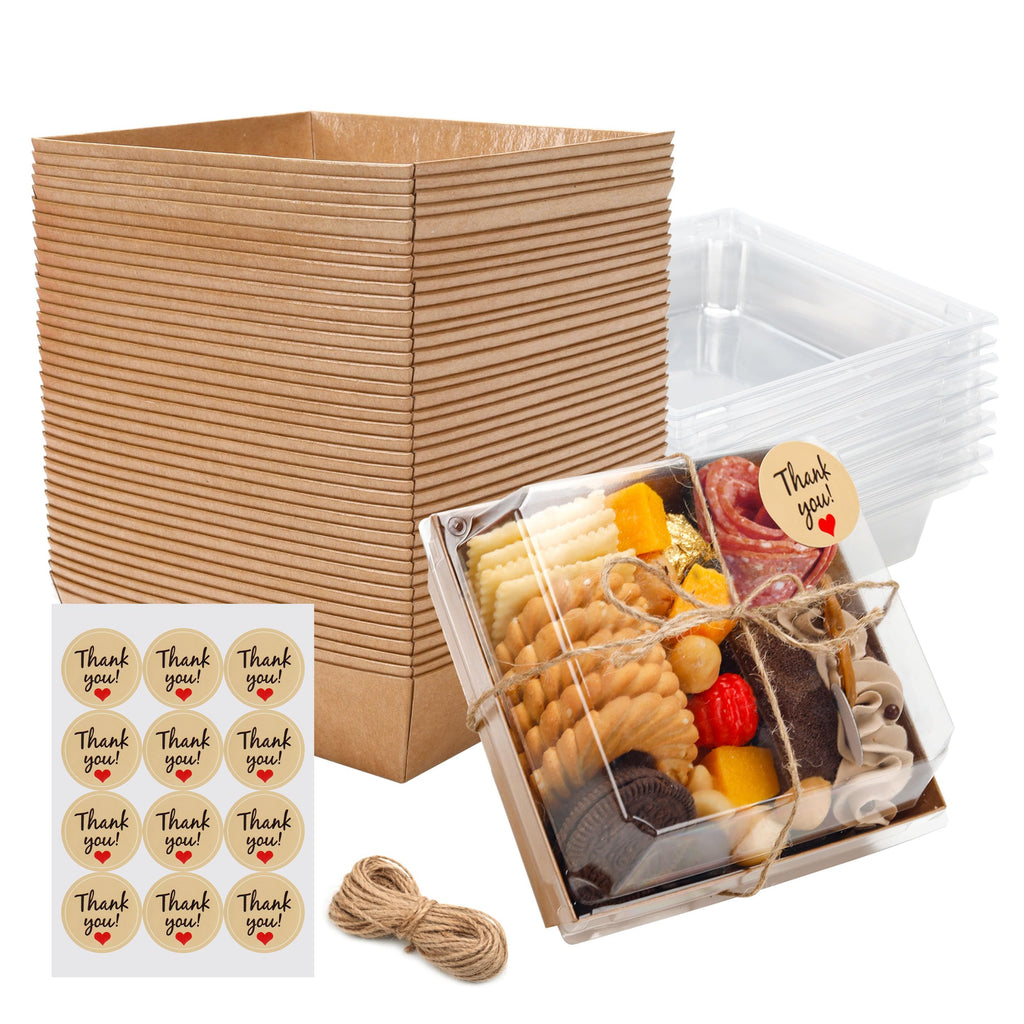 Disposable Charcuterie Boxes with Clear Lid, Food Boxes for Cold&Room Temperature Foods,Grease-Resistant Bakery Packaging for Pastry & Takeout Use 5.3x4.9x2.5INCH(50 Pack,Brown)