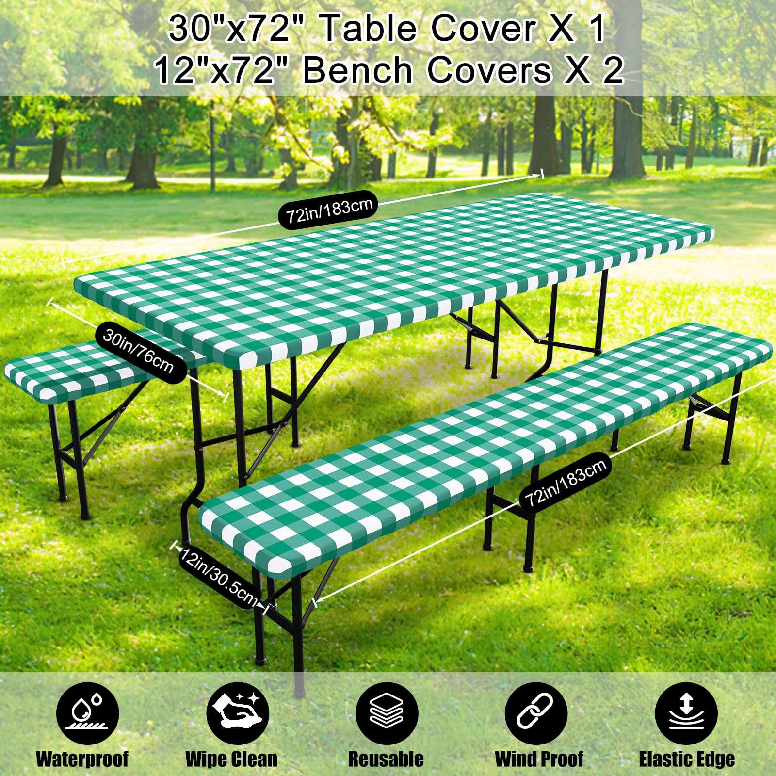 Smiry Picnic Table Cover with Bench Covers, Waterproof Elastic Fitted Tablecloths for 6 Foot Rectangle Tables, Washable Buffalo Plaid Tablecloth for Camping, Outdoor (Black & White, 30"x72")