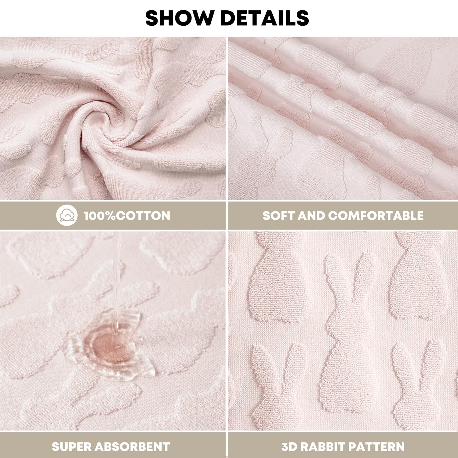 Artoid Mode 2 Pcs Beige 3D Rabbit Jacquard Easter Hand Towels for Bathroom, 100% Cotton Soft Absorbent Bathroom Decor Towels, 13.7 x 29.5 Inch