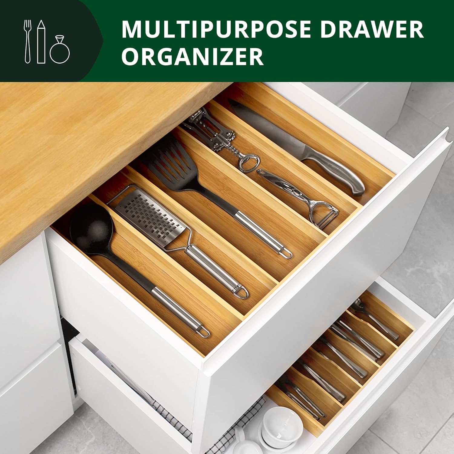 ROYAL CRAFT WOOD Luxury Bamboo Kitchen Drawer Organizer - Silverware Organizer - Utensil Holder and Cutlery Tray with Grooved Drawer Dividers for Flatware and Kitchen Utensils