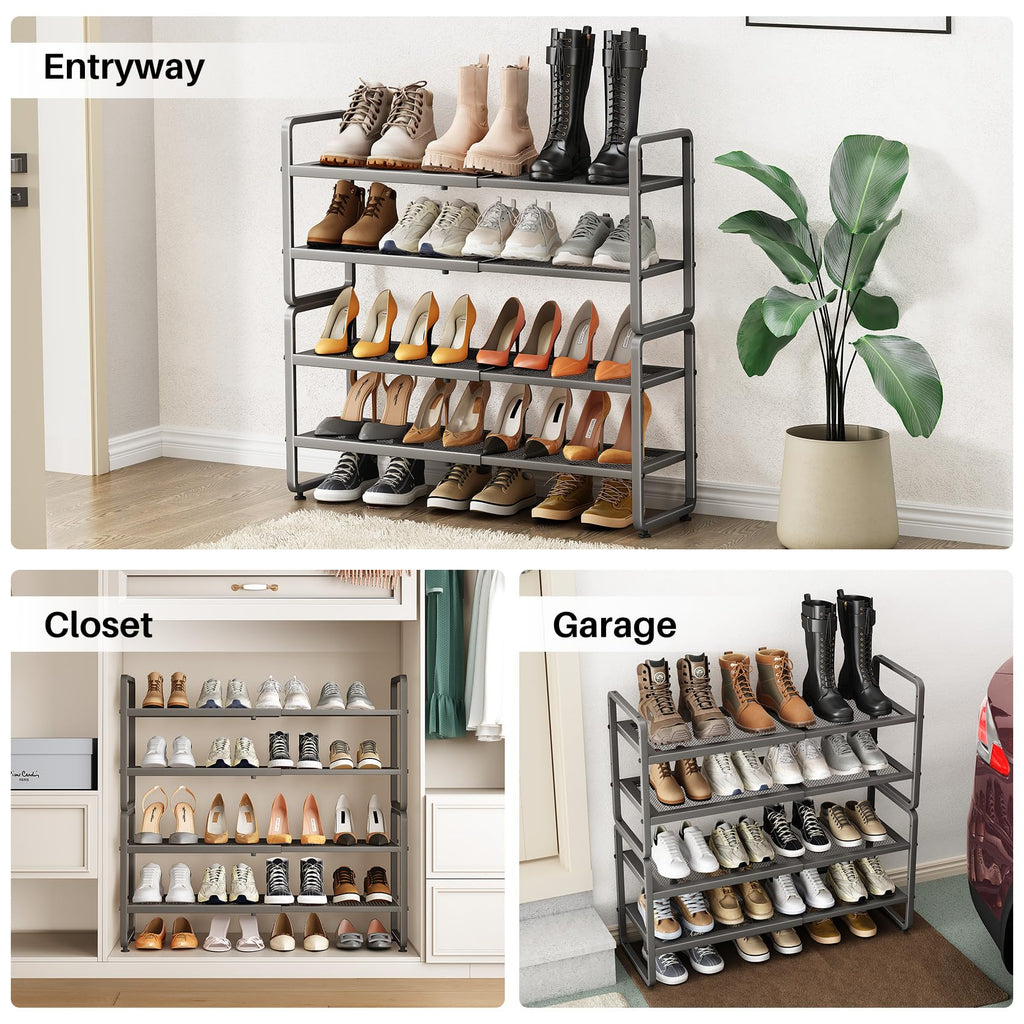 SNTD Shoe Rack - Expandable Shoe Organizer for Closet, Adjustable Metal Shoe Shelf Storage, Stackable Long Shoe Stand Holder for Garage, Entryway, Door Entrance (Black, 2-Tier)