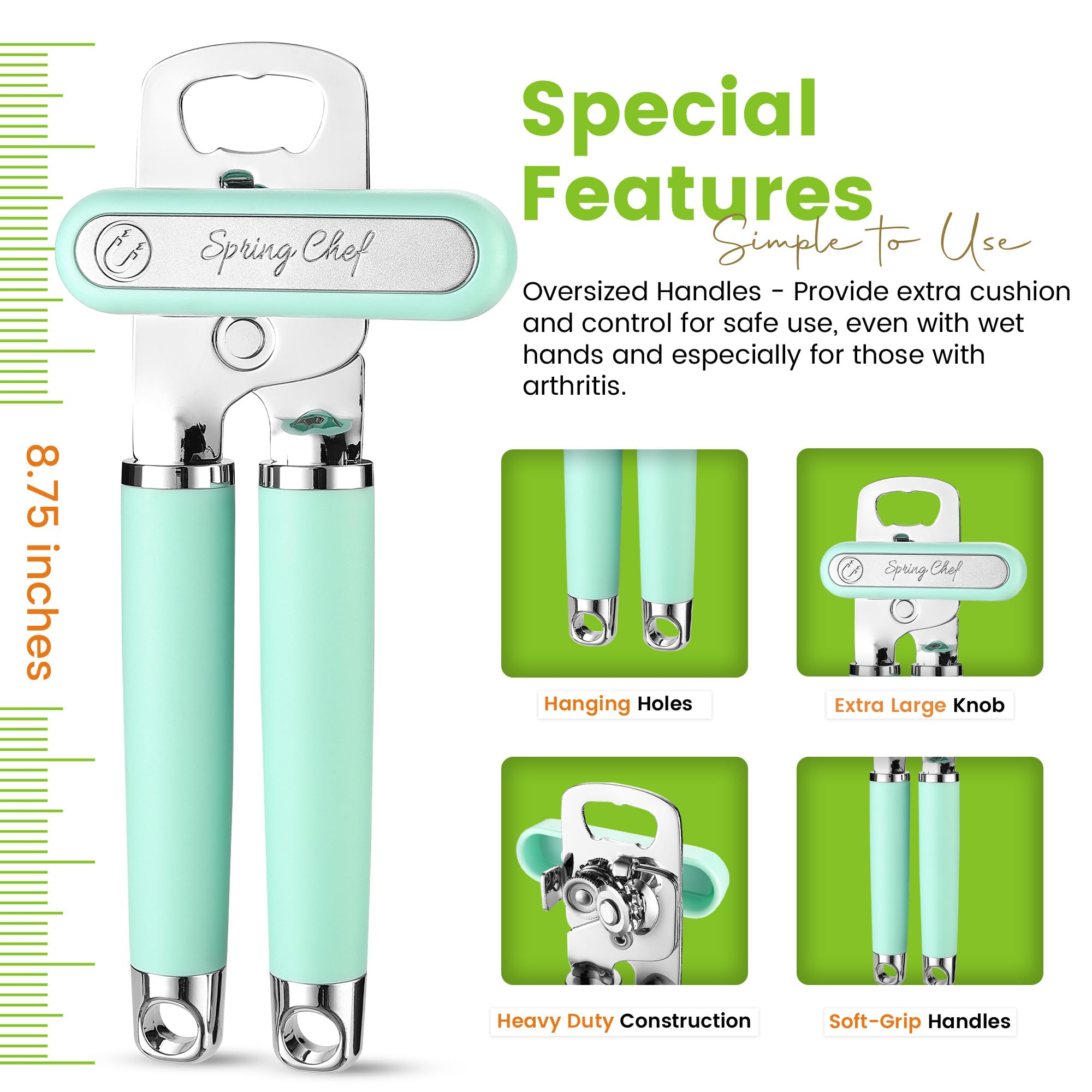 Spring Chef Stainless Steel Can Opener - Manual with Soft Grip Handles, Easy Turn, Heavy Duty Hand Can Openers for Seniors with Smooth Edge - Magnetic Lid Remover - Black