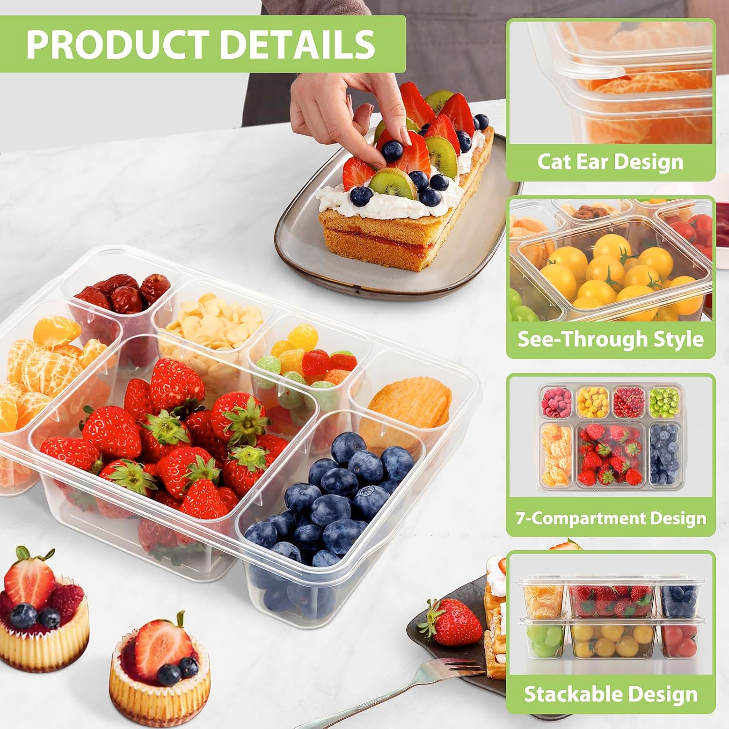 Freshmage Snackle Box Container - 2 Pack, 7 Compartment Divided Serving Tray with Lid, Portable Clear Snack Box Containers for Candy, Fruits, Nuts, and Snacks – Perfect for Travel, Parties, Picnics