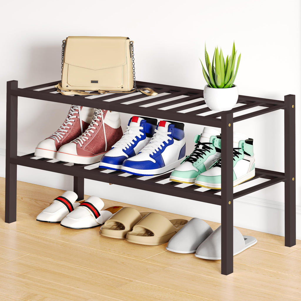 Smiry Shoe Rack, 3 Tier Bamboo Shoe Organizer, Stackable Free Standing Wooden Shoe Storage Shelf for Closet, Entryway, Front Door Entrance, Natural