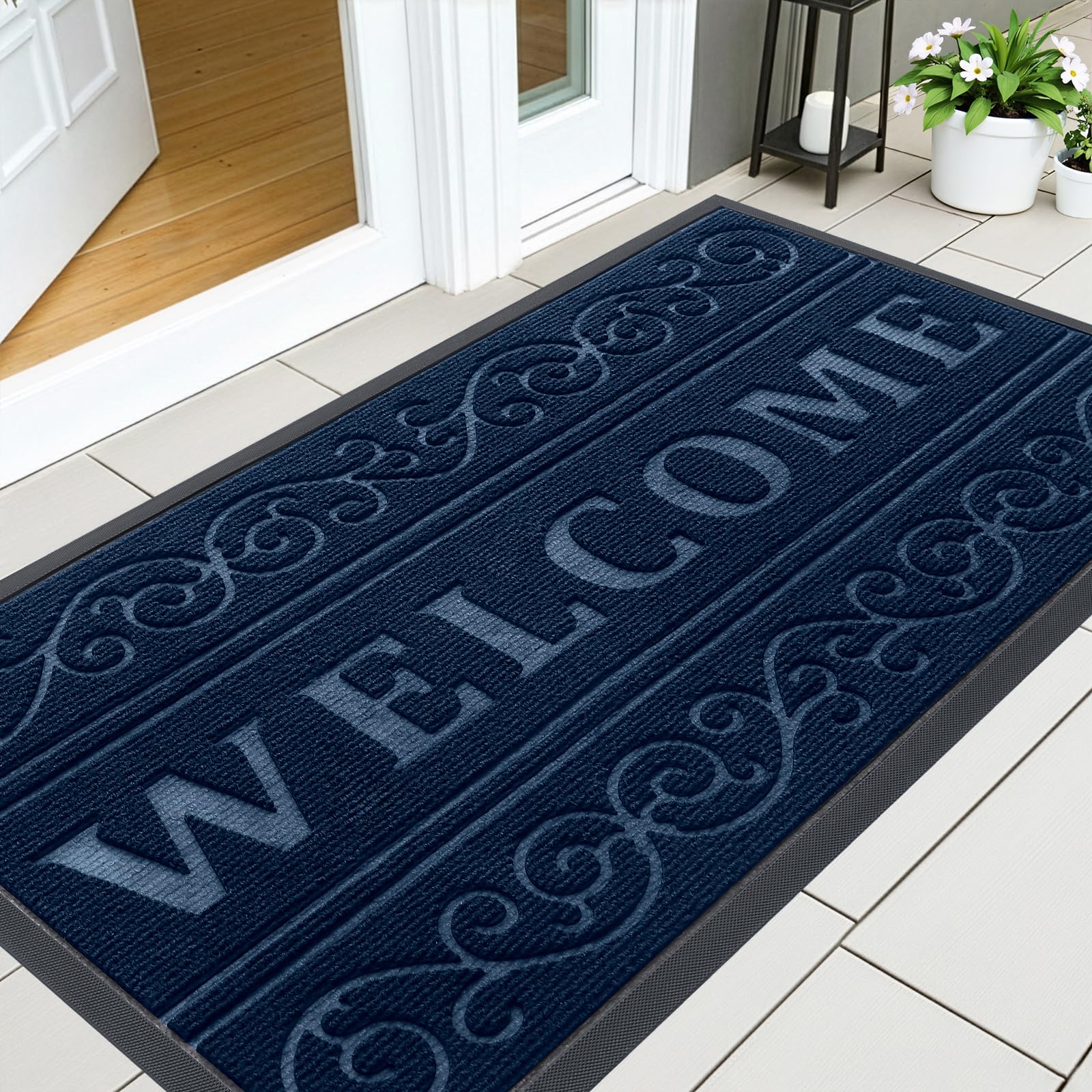 OLANLY Front Door Mat Outside Entrance 29.5x17, Absorbent, Heavy Duty Sturdy Natural Rubber Doormat Indoor Outdoor, Stain and Fade Resistant, Non-Slip Backing Low Profile Floor Mat for Entryway, Grey