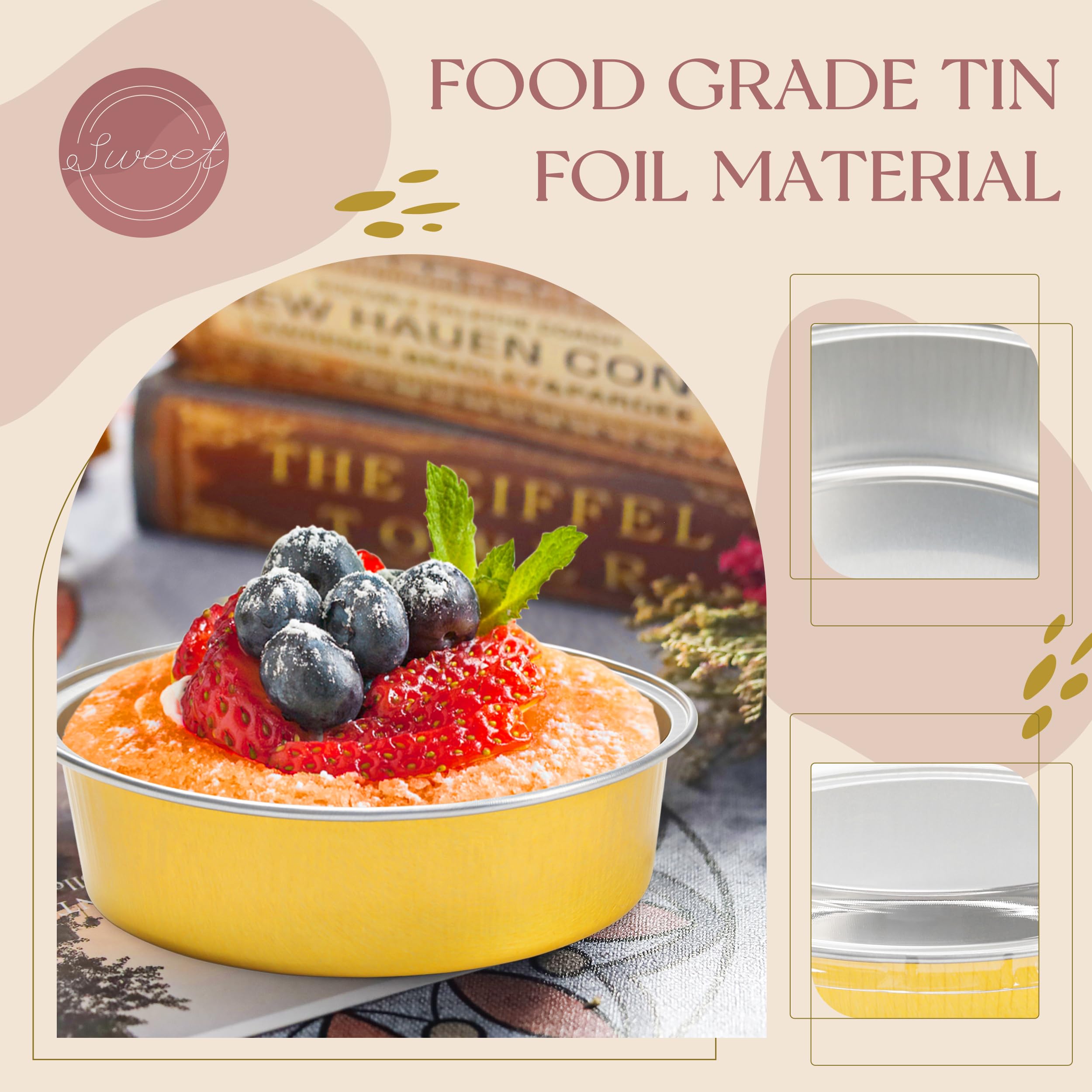 8 OZ Mini Cake Pans Disposable Ramekins with Lids Round Aluminum Mini Foil Cake Tins Baking Pans for Party Wedding Pudding (Black Gold, 25 Pack)