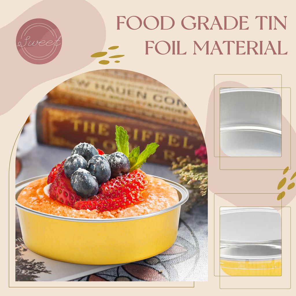 8 OZ Mini Cake Pans Disposable Ramekins with Lids Round Aluminum Mini Foil Cake Tins Baking Pans for Party Wedding Pudding (Black Gold, 25 Pack)
