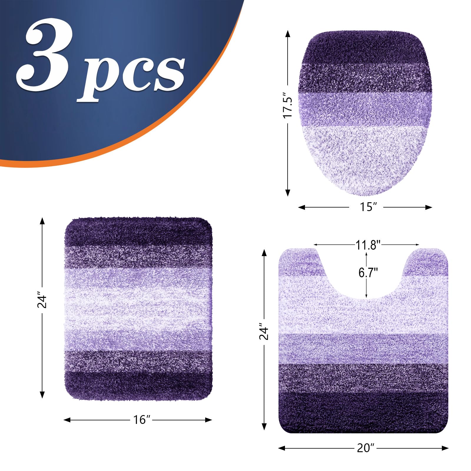 OLANLY Bathroom Rugs Sets 3 Piece, Soft Microfiber Absorbent Bath Mat, U-Shaped Contour Toilet Mat and Toilet Lid Cover, Quick Dry, Machine Washable, Toilet Cover and Rug Set for Bathroom, Grey